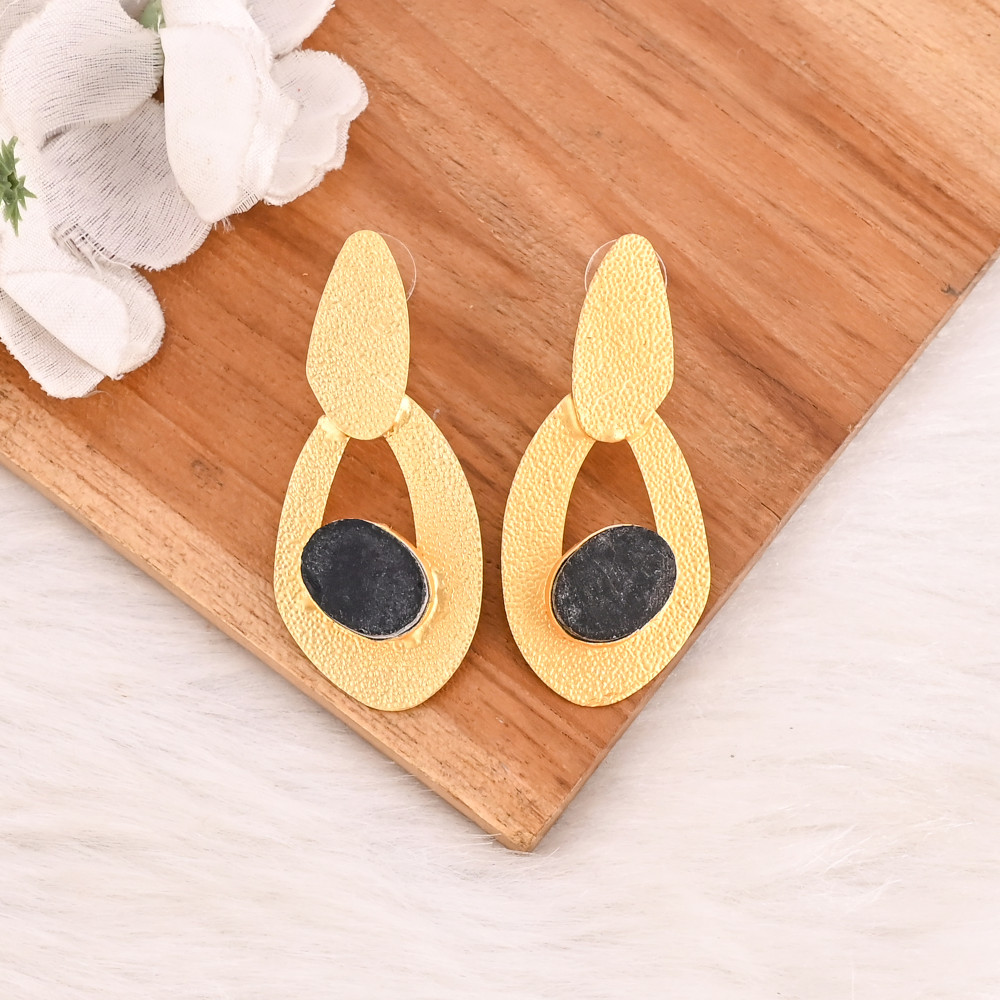 Image of Natural Black Onyx Druzy Gemstone Brass Earrings Gold Plated Handmade Jewelry for Women  Wholesale Lot 10 Pairs