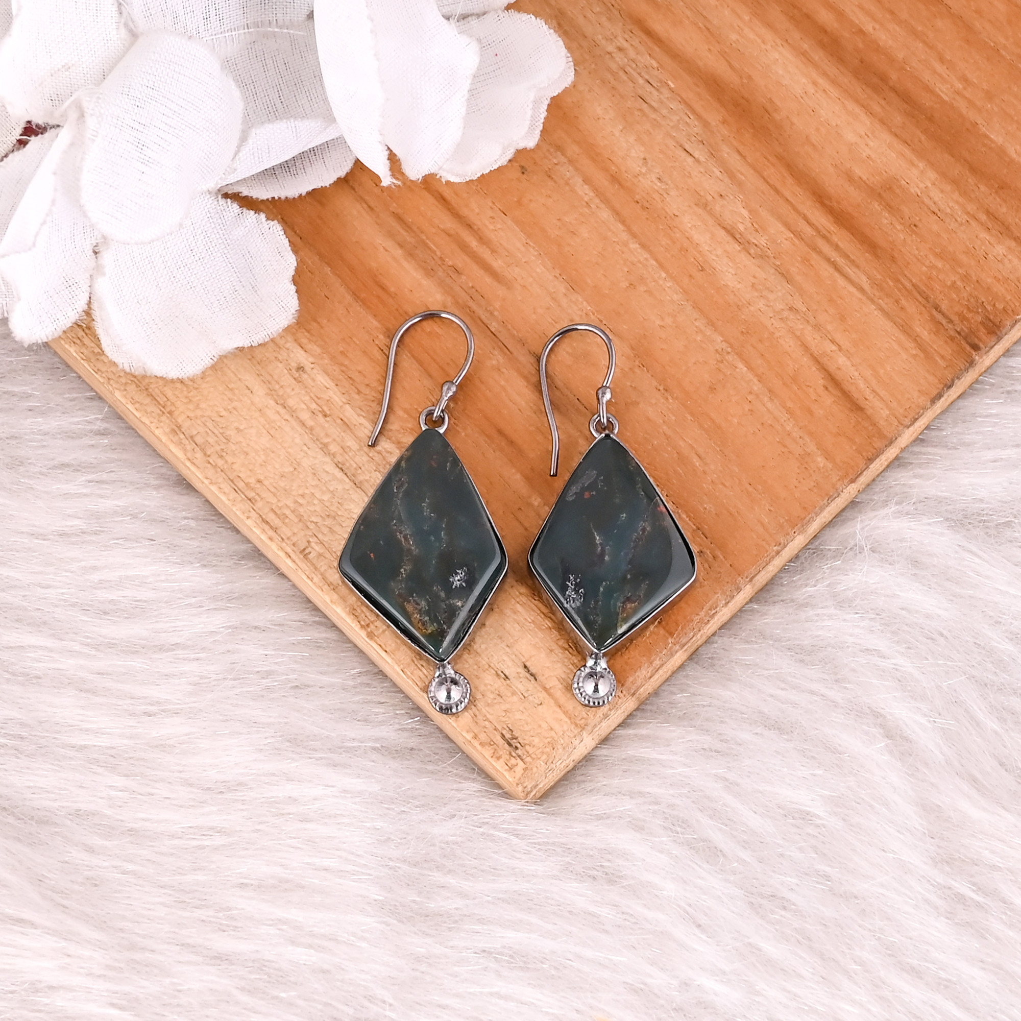 Blood Agate Gemstone Black Ruthenium Brass Handmade Designer Unique Earrings Charm Jewelry Women Jewelry