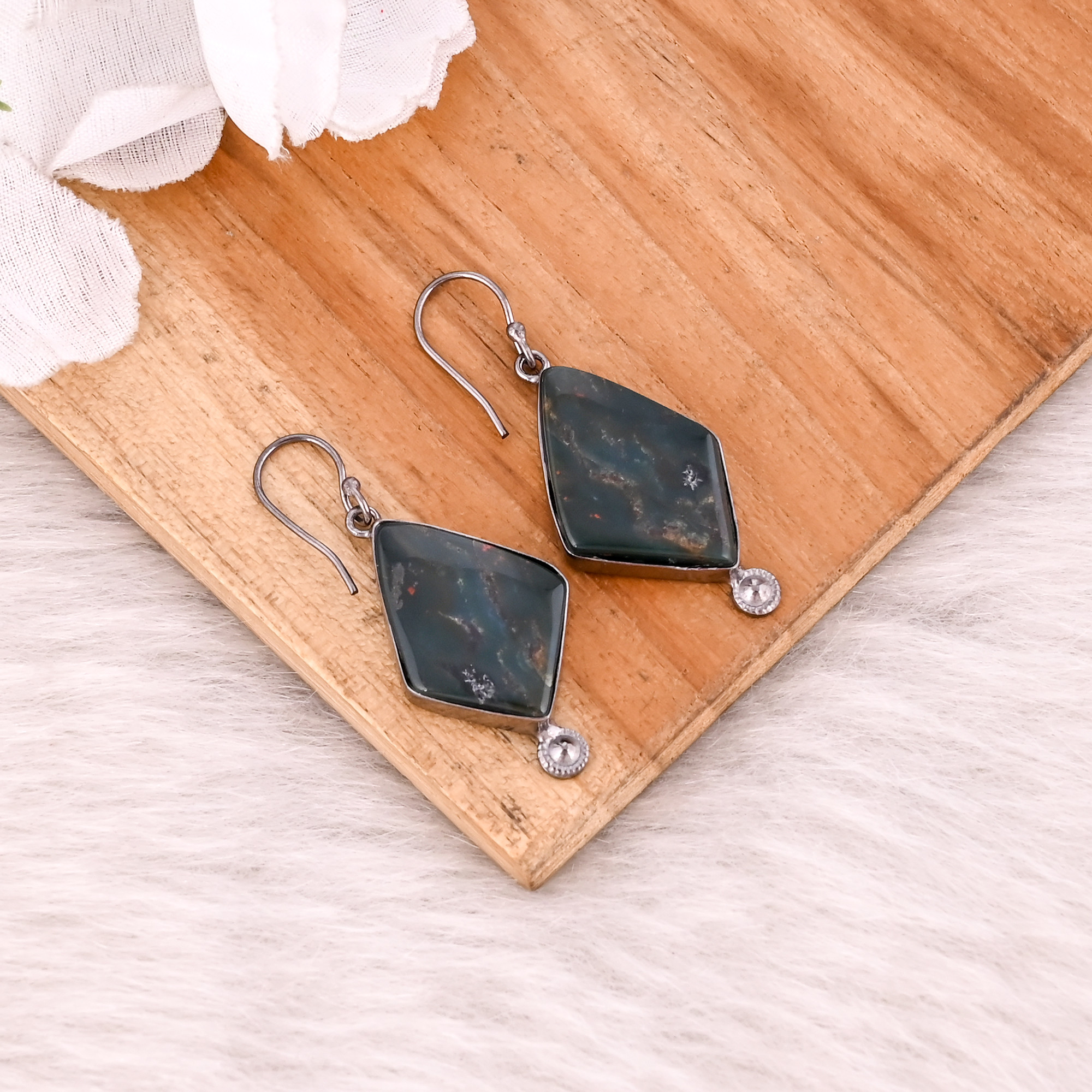 Blood Agate Gemstone Black Ruthenium Brass Handmade Designer Unique Earrings Charm Jewelry Women Jewelry