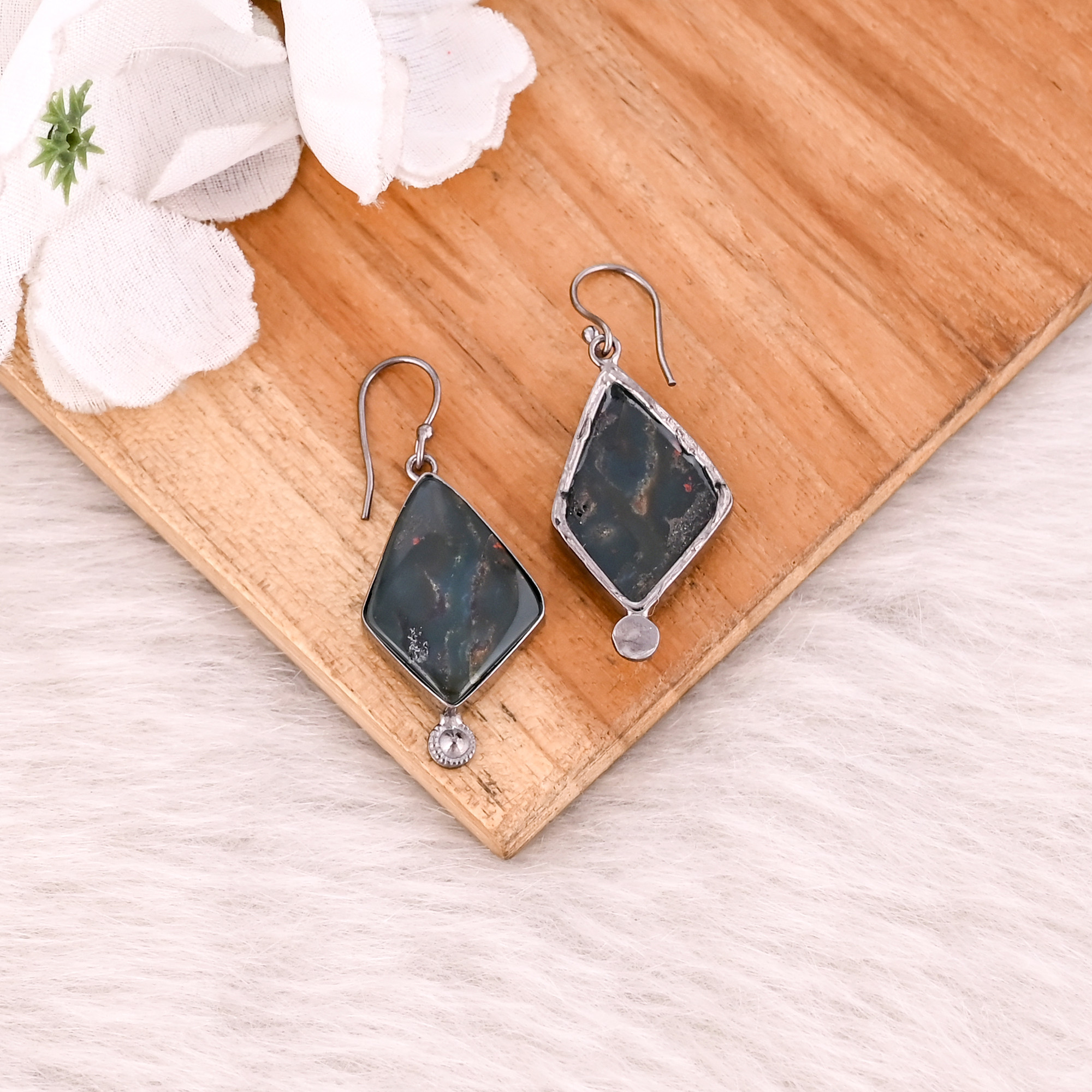 Blood Agate Gemstone Black Ruthenium Brass Handmade Designer Unique Earrings Charm Jewelry Women Jewelry