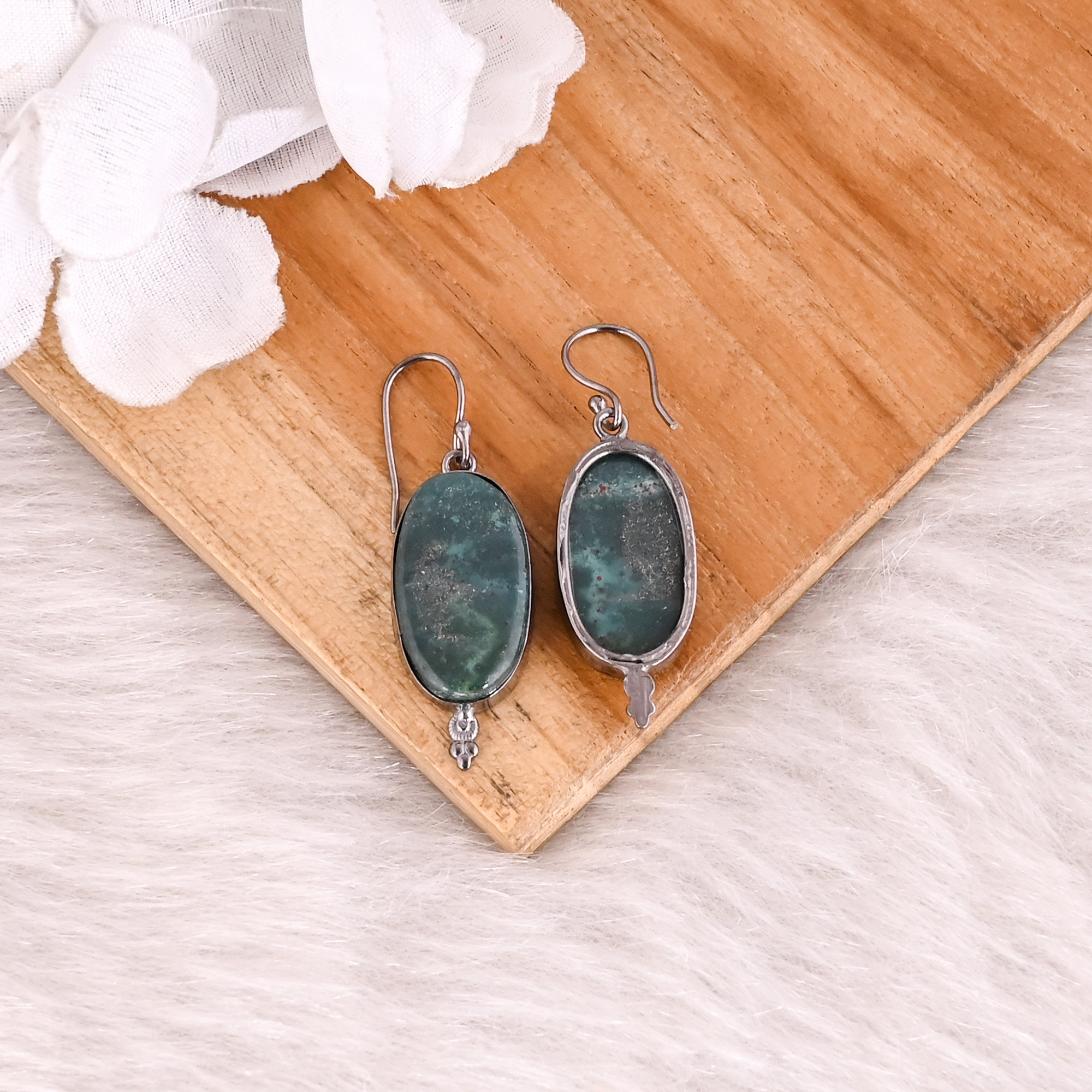 Blood Agate Gemstone Black Ruthenium Brass Handmade Designer Beautiful Gift Dangle Earring