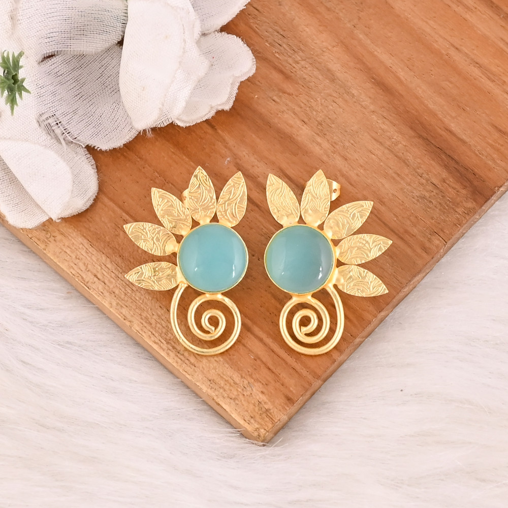 Image of Natural Aqua Chalcedony Gemstone Brass Stud Earrings Gold Plated Handmade Jewelry for Women Wholesale Lot 10 Pairs