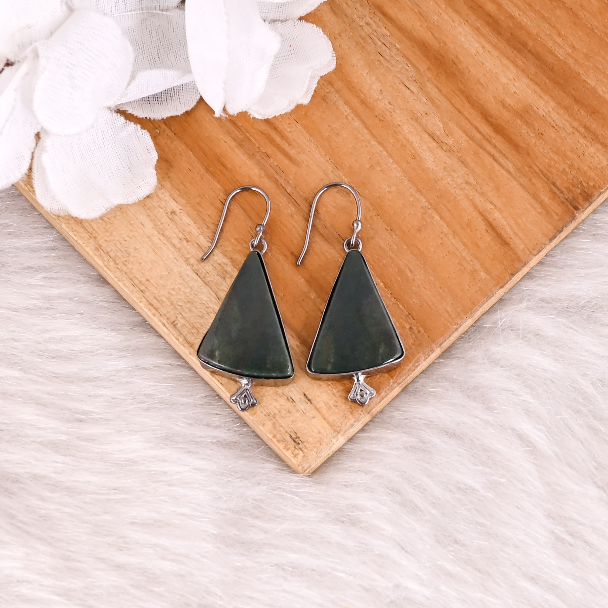 Blood Agate Gemstone Black Ruthenium Brass Handmade Designer Dangle Earring