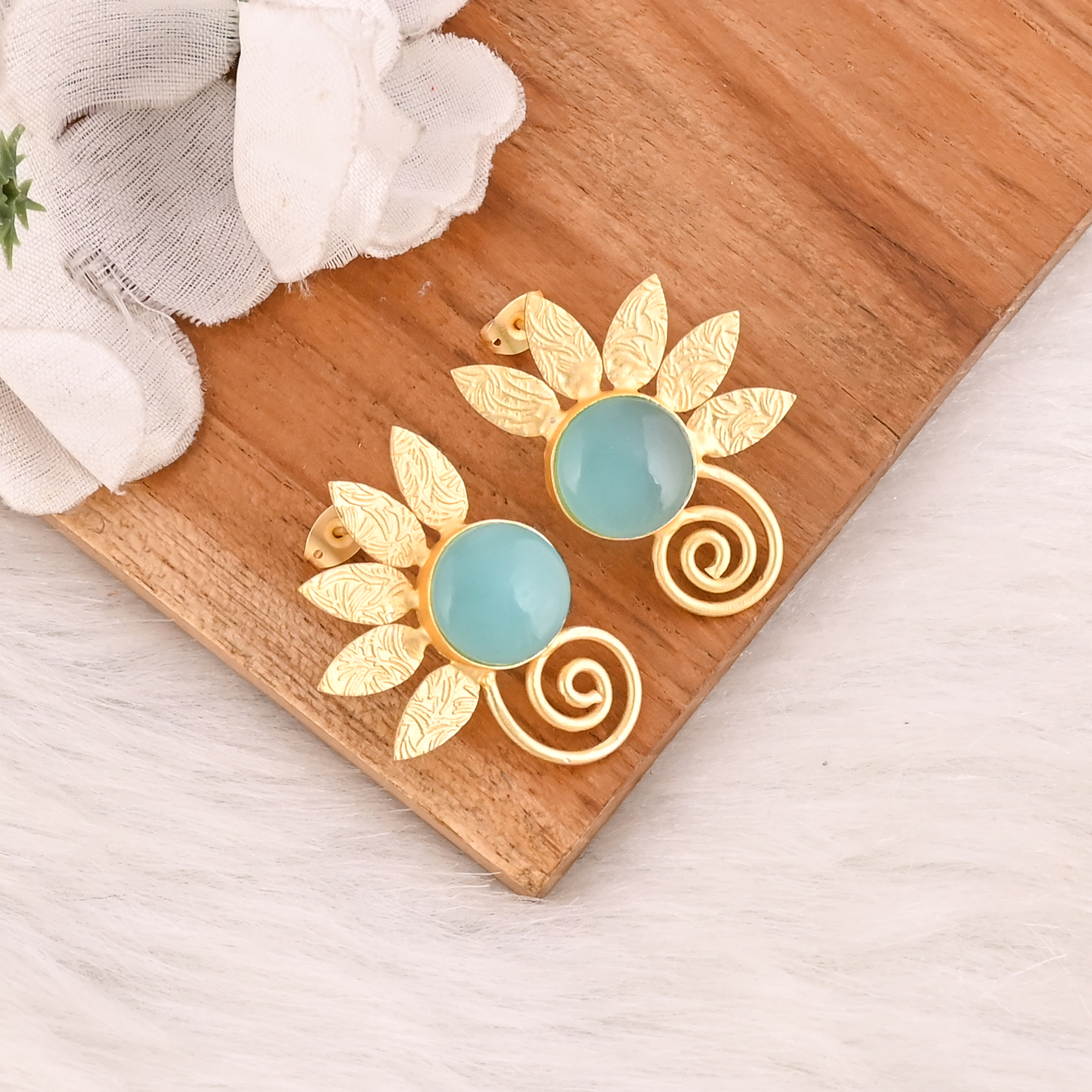 Natural Aqua Chalcedony Gemstone Brass Stud Earrings Gold Plated Handmade Jewelry for Women Wholesale Lot 10 Pairs