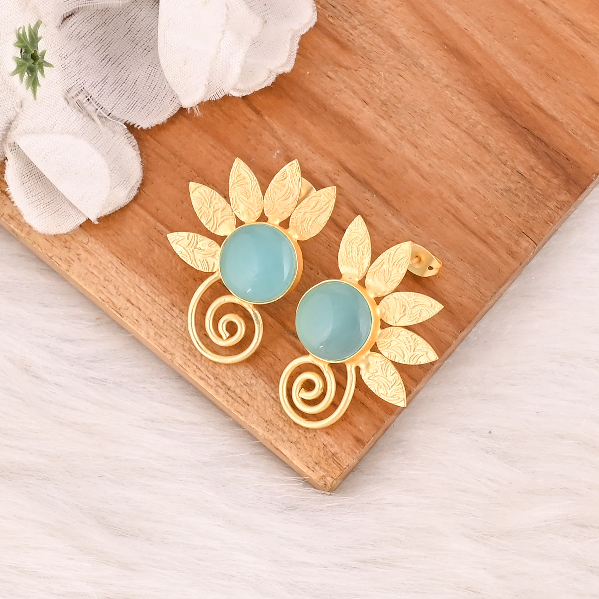 Natural Aqua Chalcedony Gemstone Brass Stud Earrings Gold Plated Handmade Jewelry for Women Wholesale Lot 10 Pairs