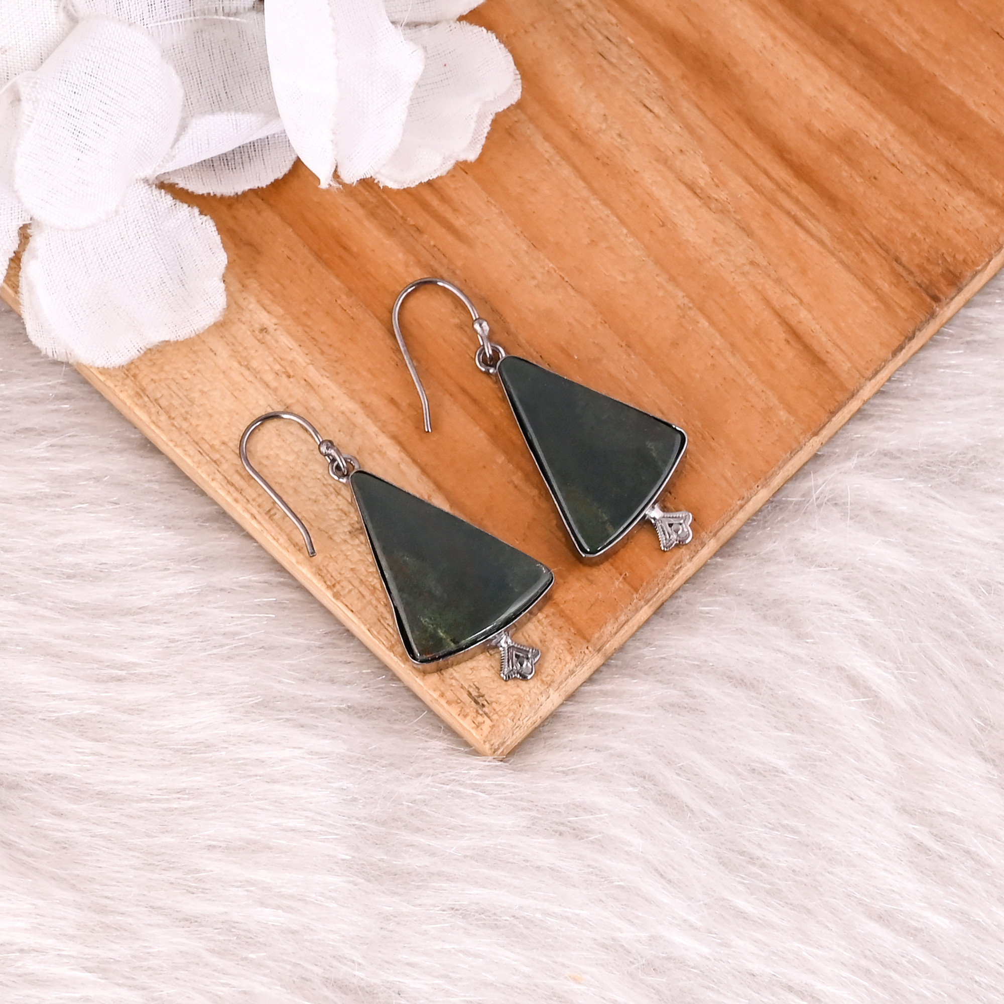 Blood Agate Gemstone Black Ruthenium Brass Handmade Designer Dangle Earring