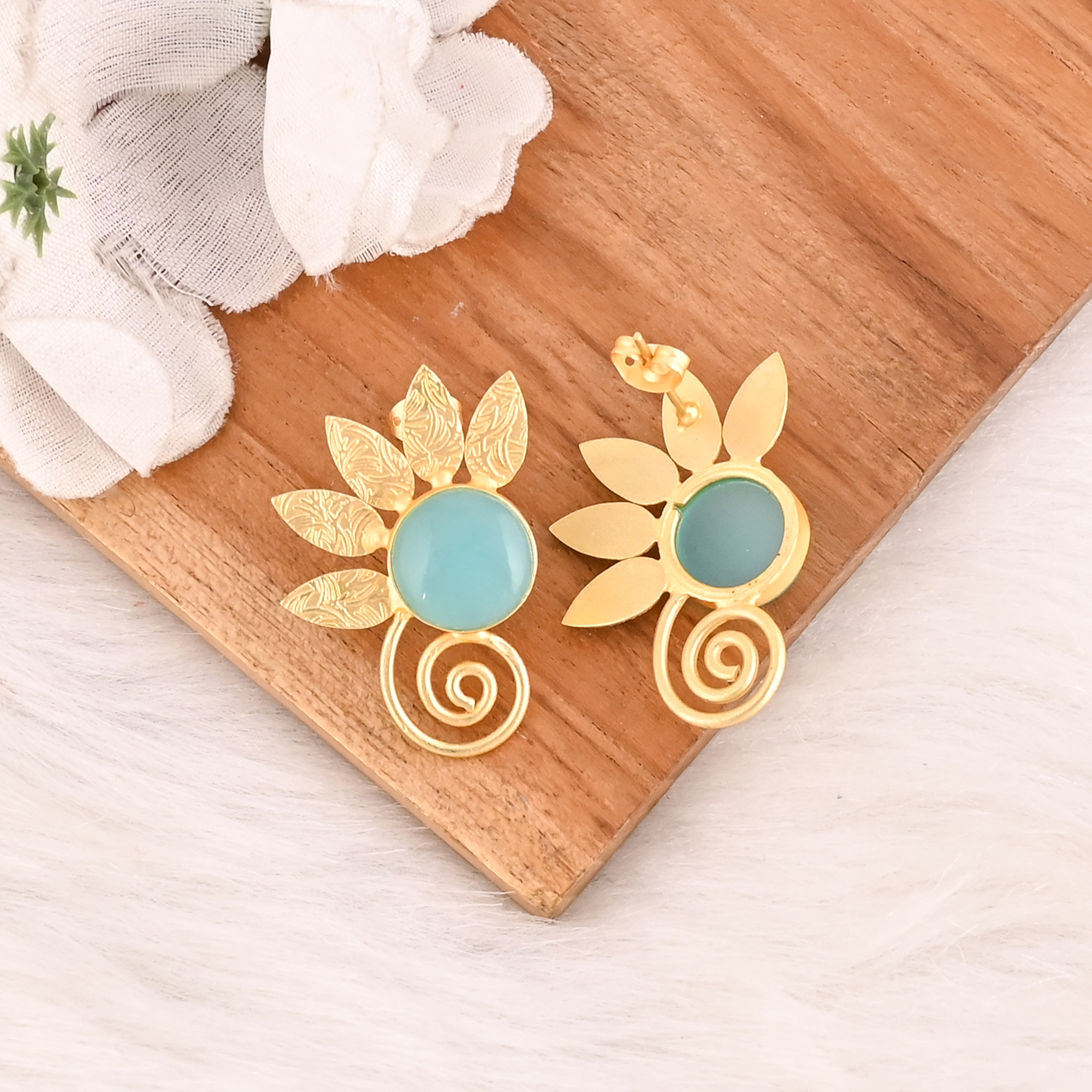 Natural Aqua Chalcedony Gemstone Brass Stud Earrings Gold Plated Handmade Jewelry for Women Wholesale Lot 10 Pairs