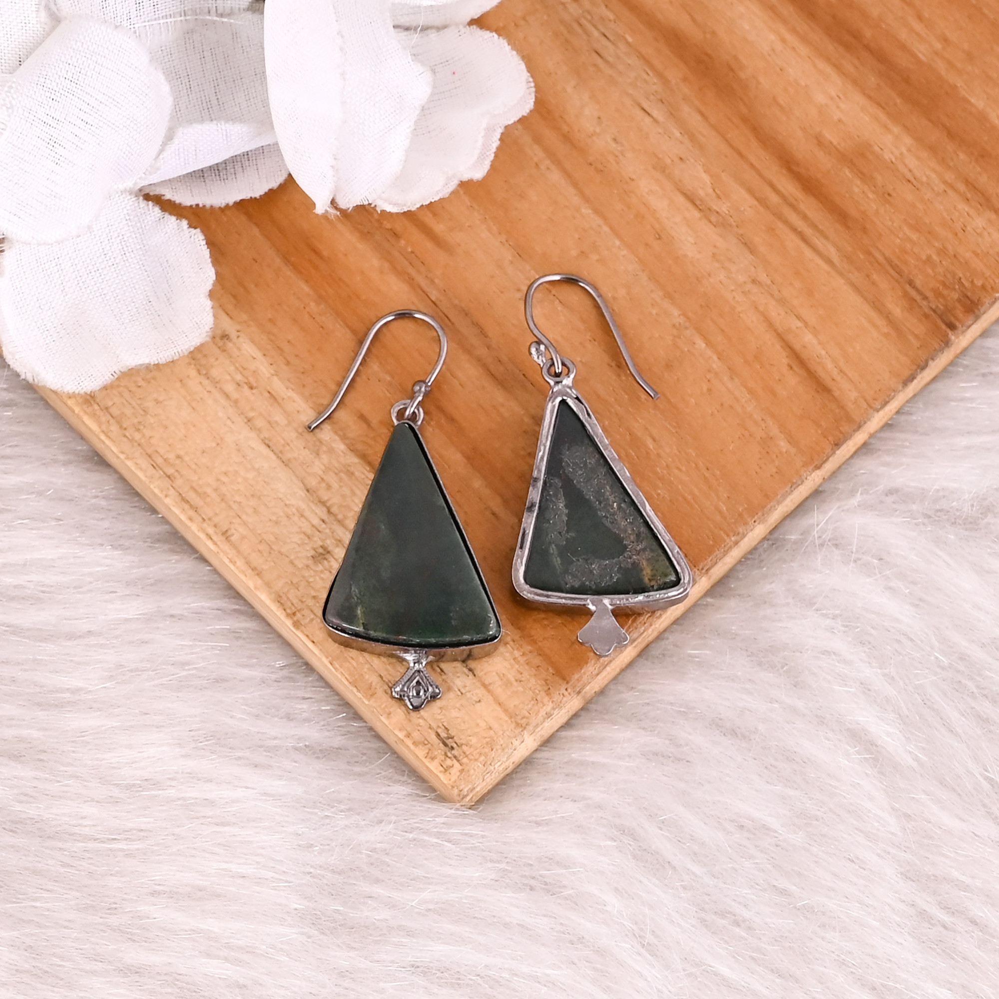 Blood Agate Gemstone Black Ruthenium Brass Handmade Designer Dangle Earring