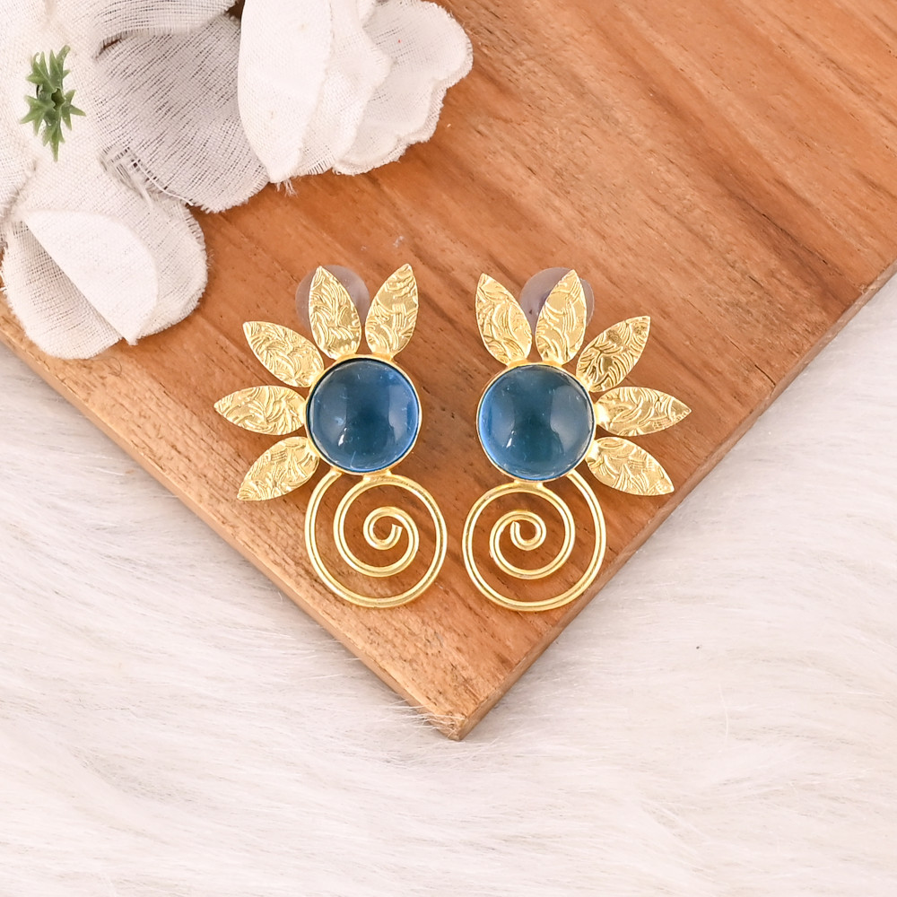 Image of Blue Hydro Gemstone Brass Stud Earrings Gold Plated Handmade Jewelry for Women  Wholesale Lot 10 Pairs