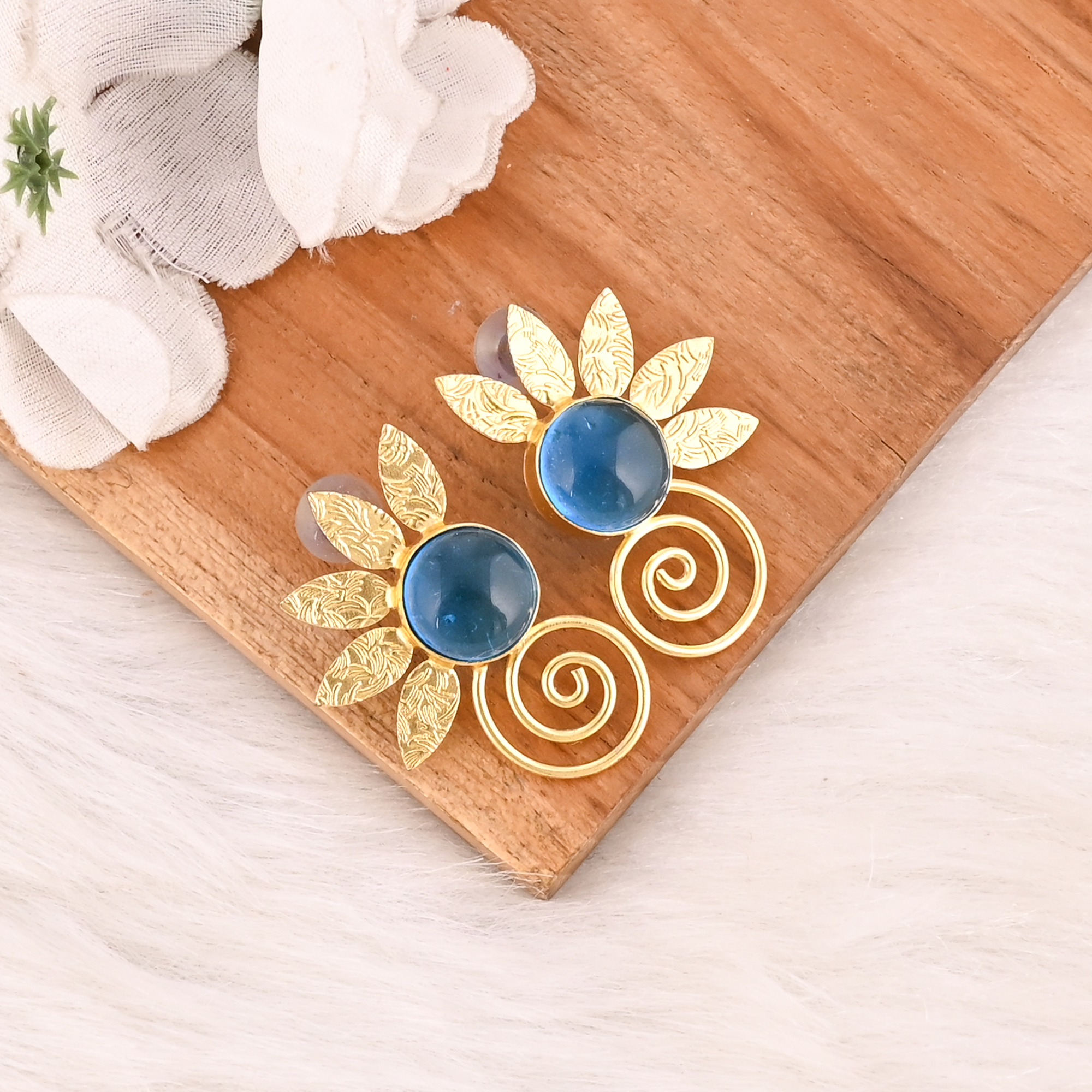 Blue Hydro Gemstone Brass Stud Earrings Gold Plated Handmade Jewelry for Women  Wholesale Lot 10 Pairs