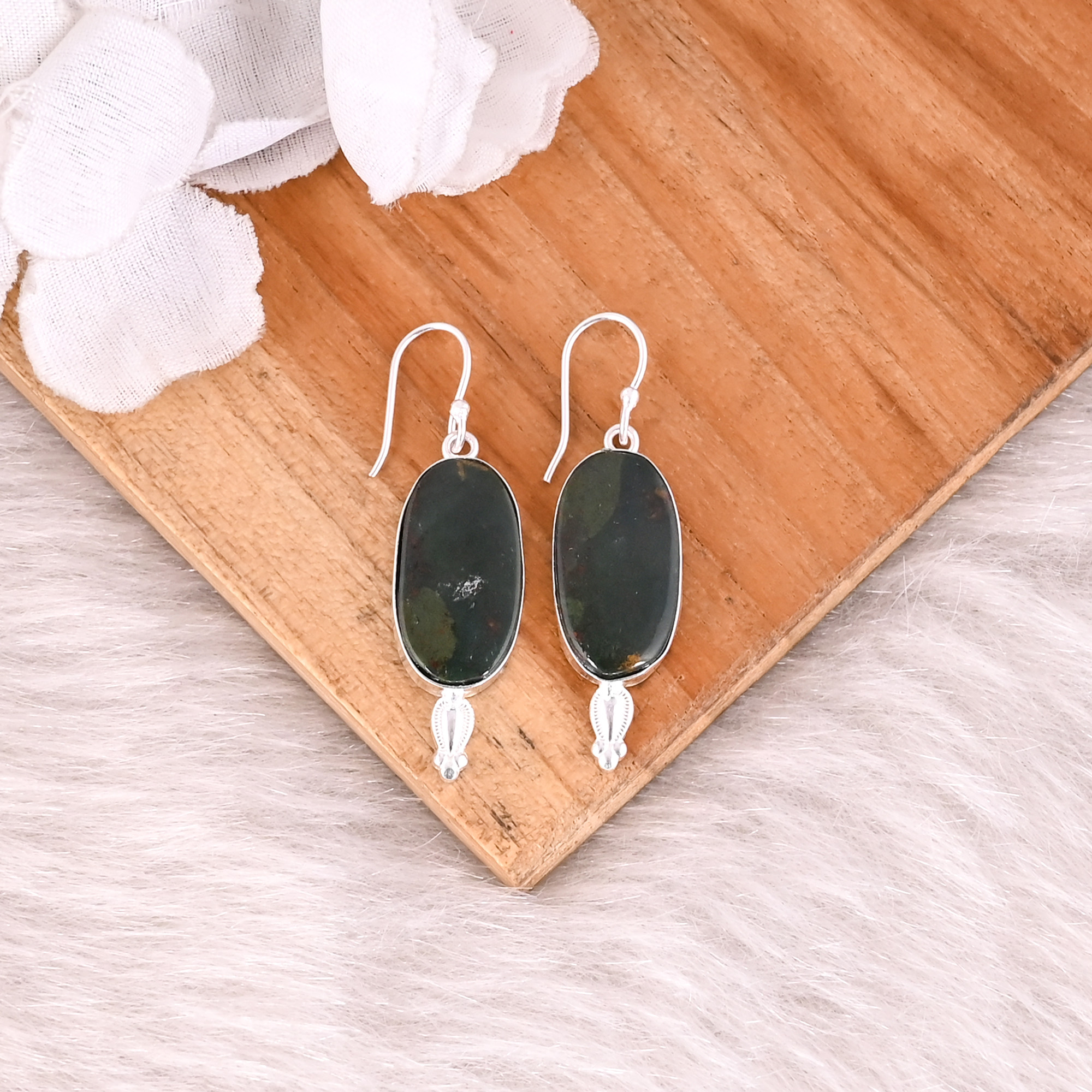 Blood Stone Oval Gemstone Silver Plated Brass Dangle Earring Bezel Setting Earring Birthday Gift