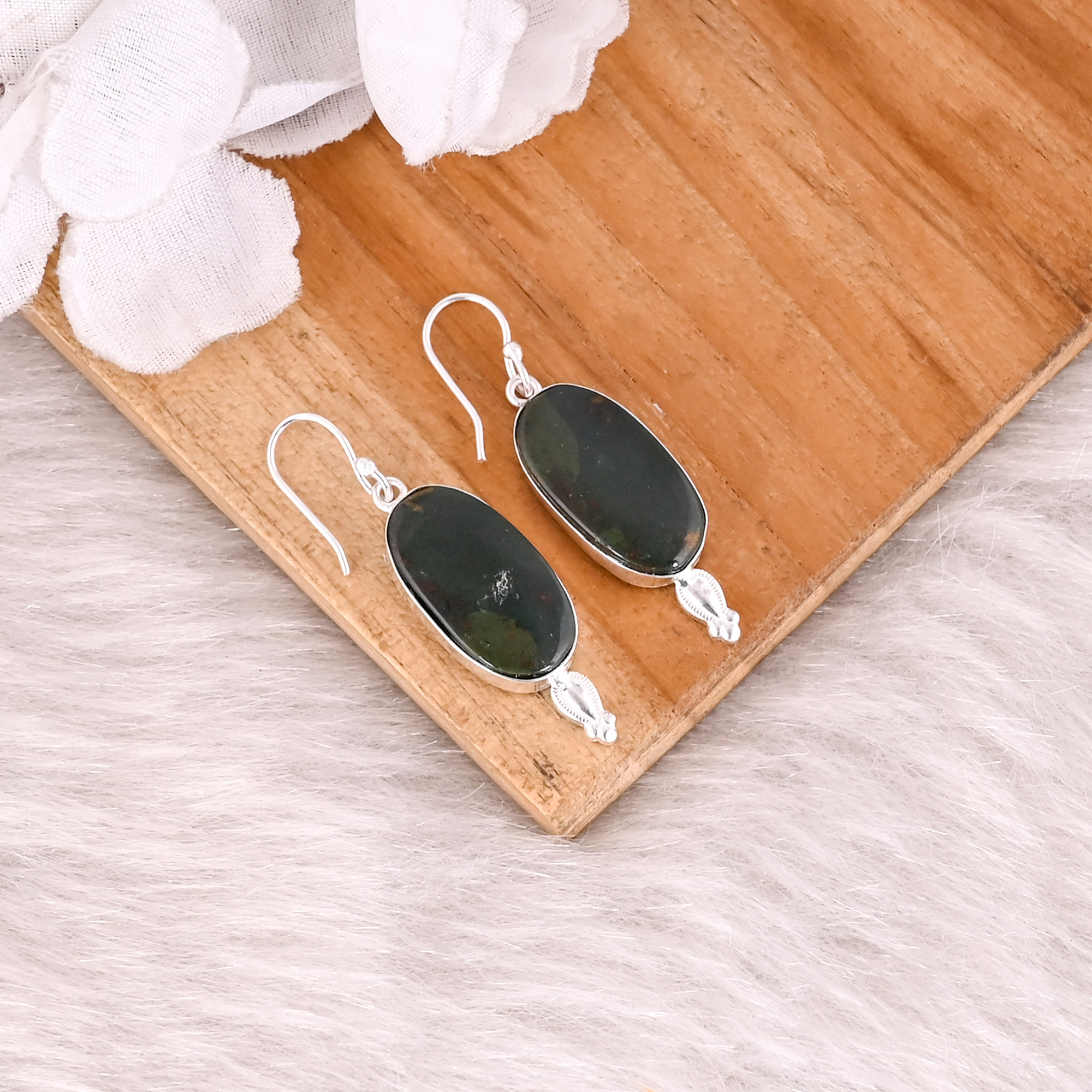 Blood Stone Oval Gemstone Silver Plated Brass Dangle Earring Bezel Setting Earring Birthday Gift