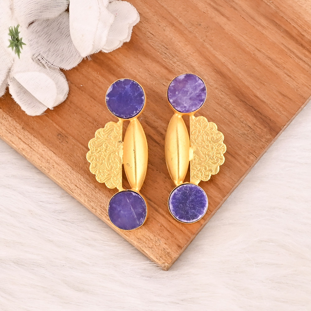 Image of Natural Purple Druzy Gemstone Brass Earrings Gold Plated Handmade Jewelry Wholesale Lot 10 Pairs