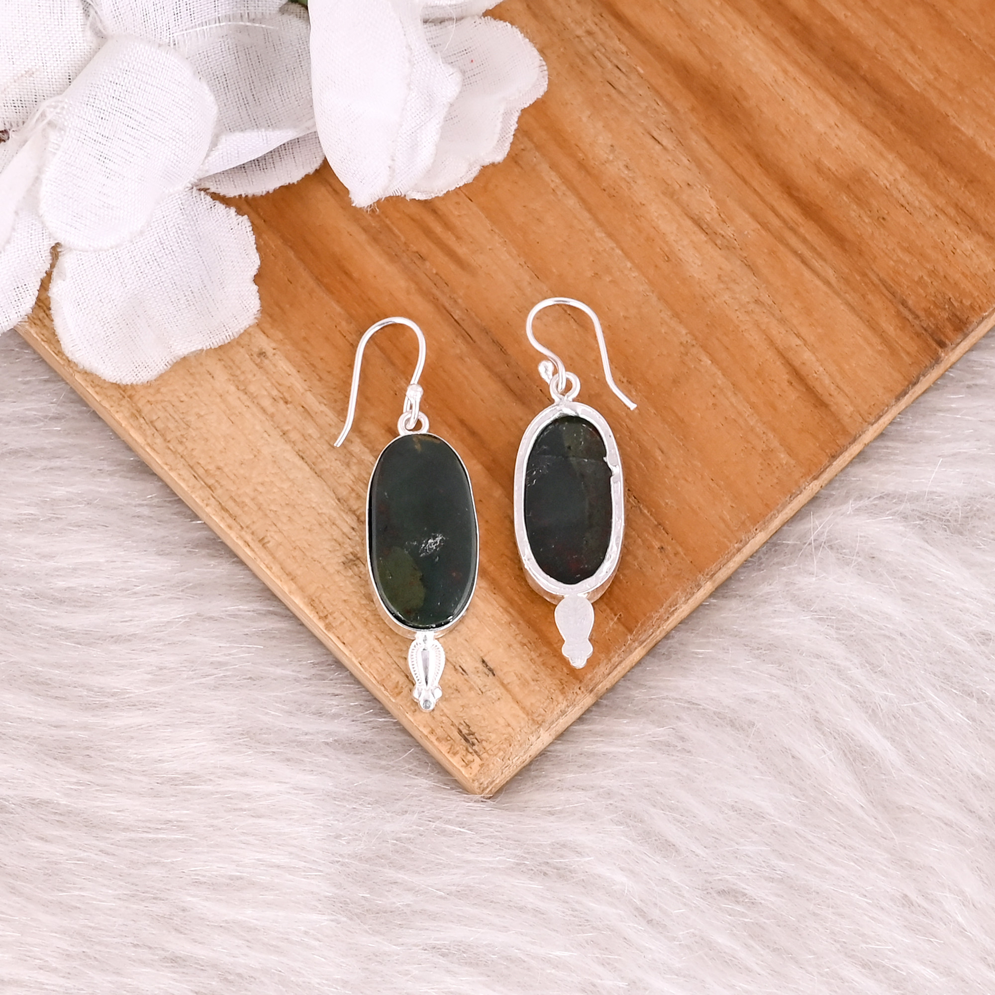 Blood Stone Oval Gemstone Silver Plated Brass Dangle Earring Bezel Setting Earring Birthday Gift