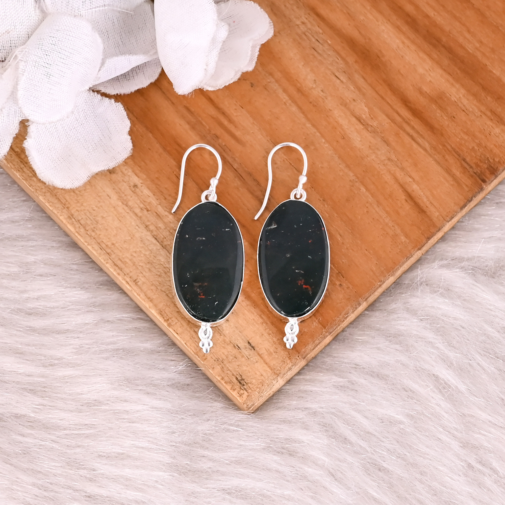 Blood Stone Long Oval Gemstone Silver Plated Brass Earrings Handmade Jewelry Birthday Gift Earring