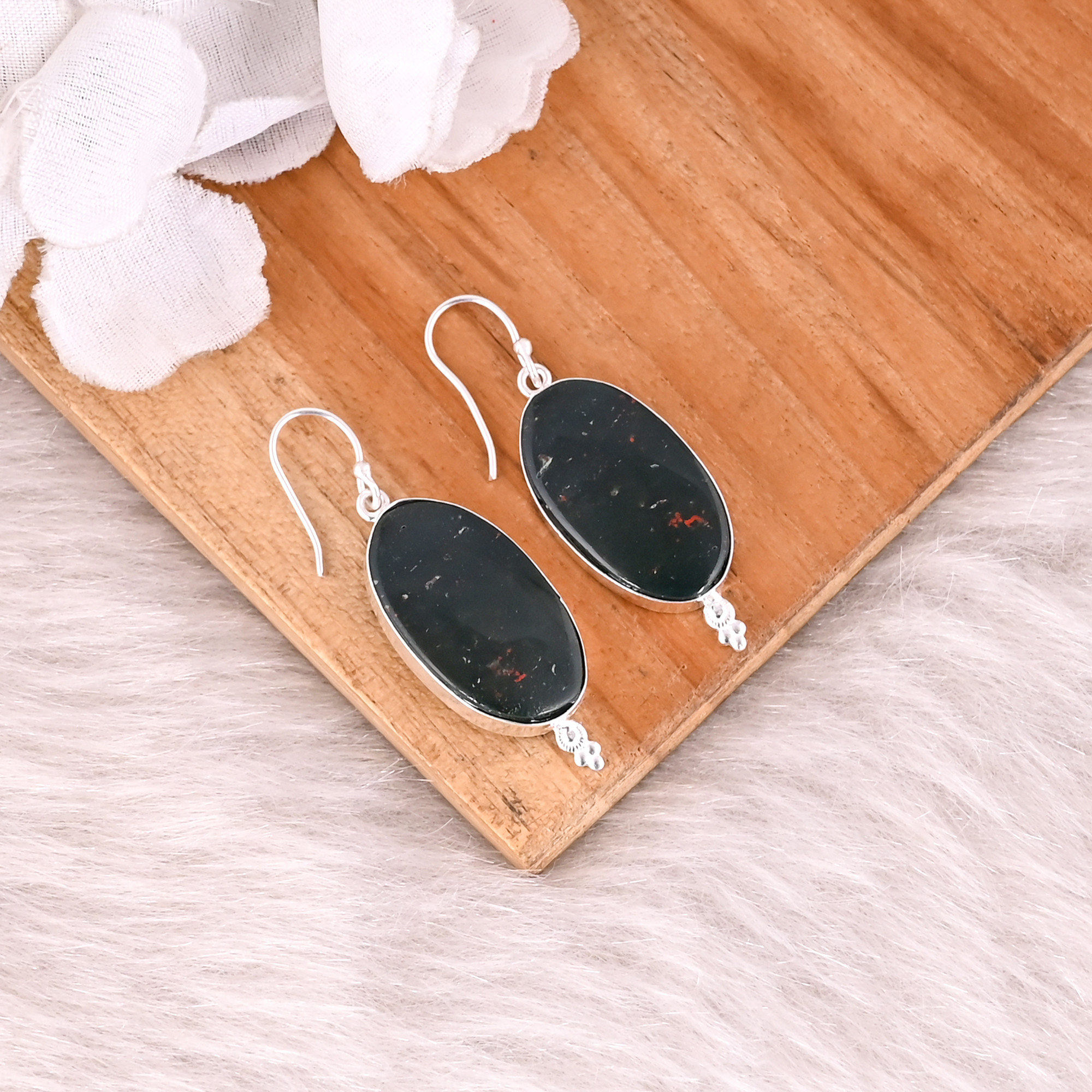 Blood Stone Long Oval Gemstone Silver Plated Brass Earrings Handmade Jewelry Birthday Gift Earring