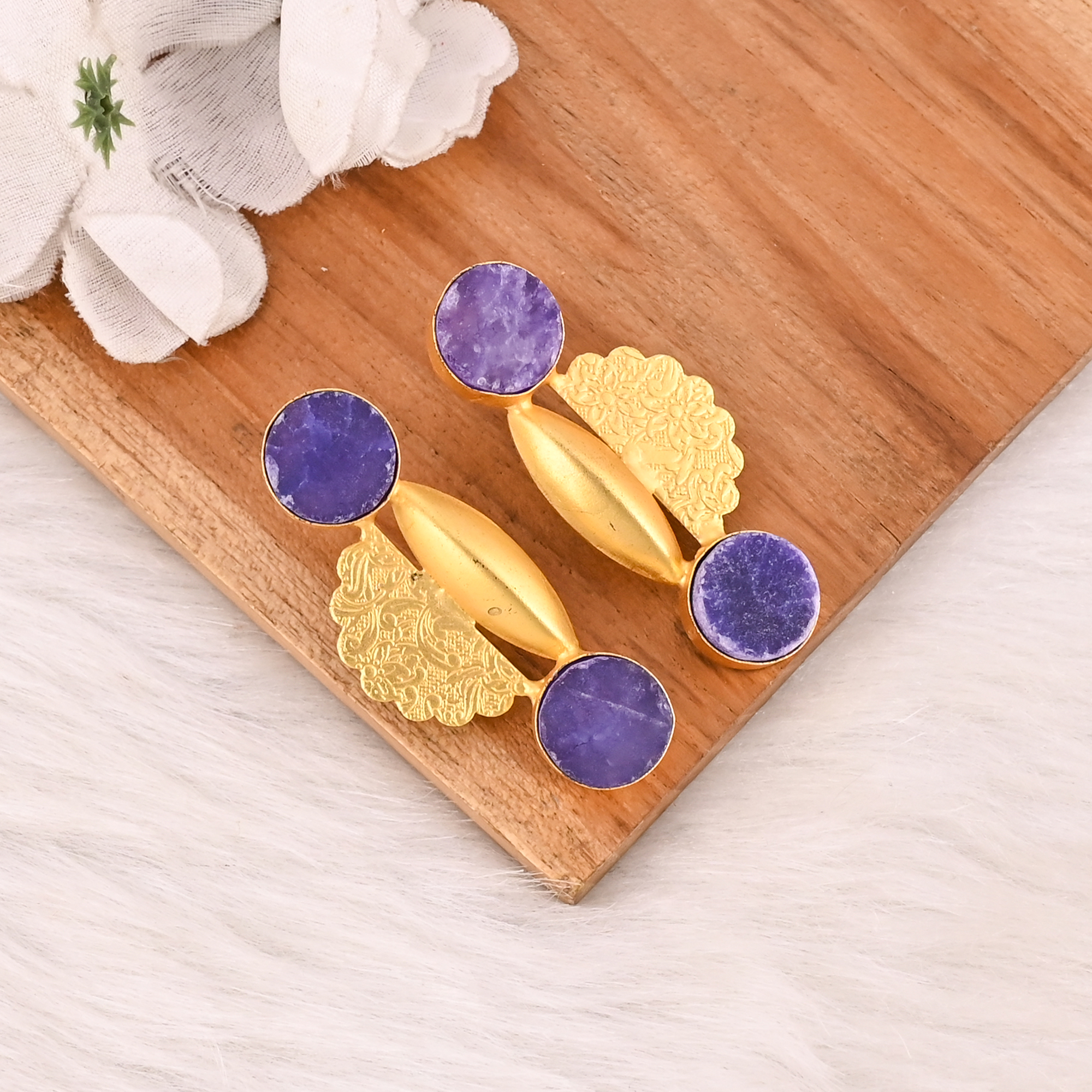 Natural Purple Druzy Gemstone Brass Earrings Gold Plated Handmade Jewelry Wholesale Lot 10 Pairs