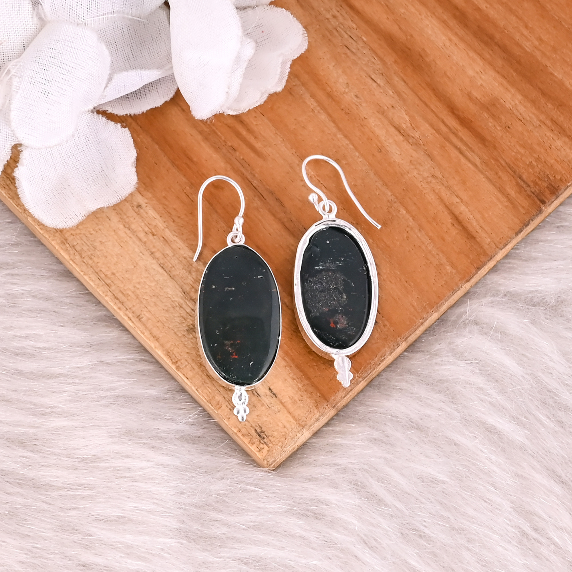 Blood Stone Long Oval Gemstone Silver Plated Brass Earrings Handmade Jewelry Birthday Gift Earring