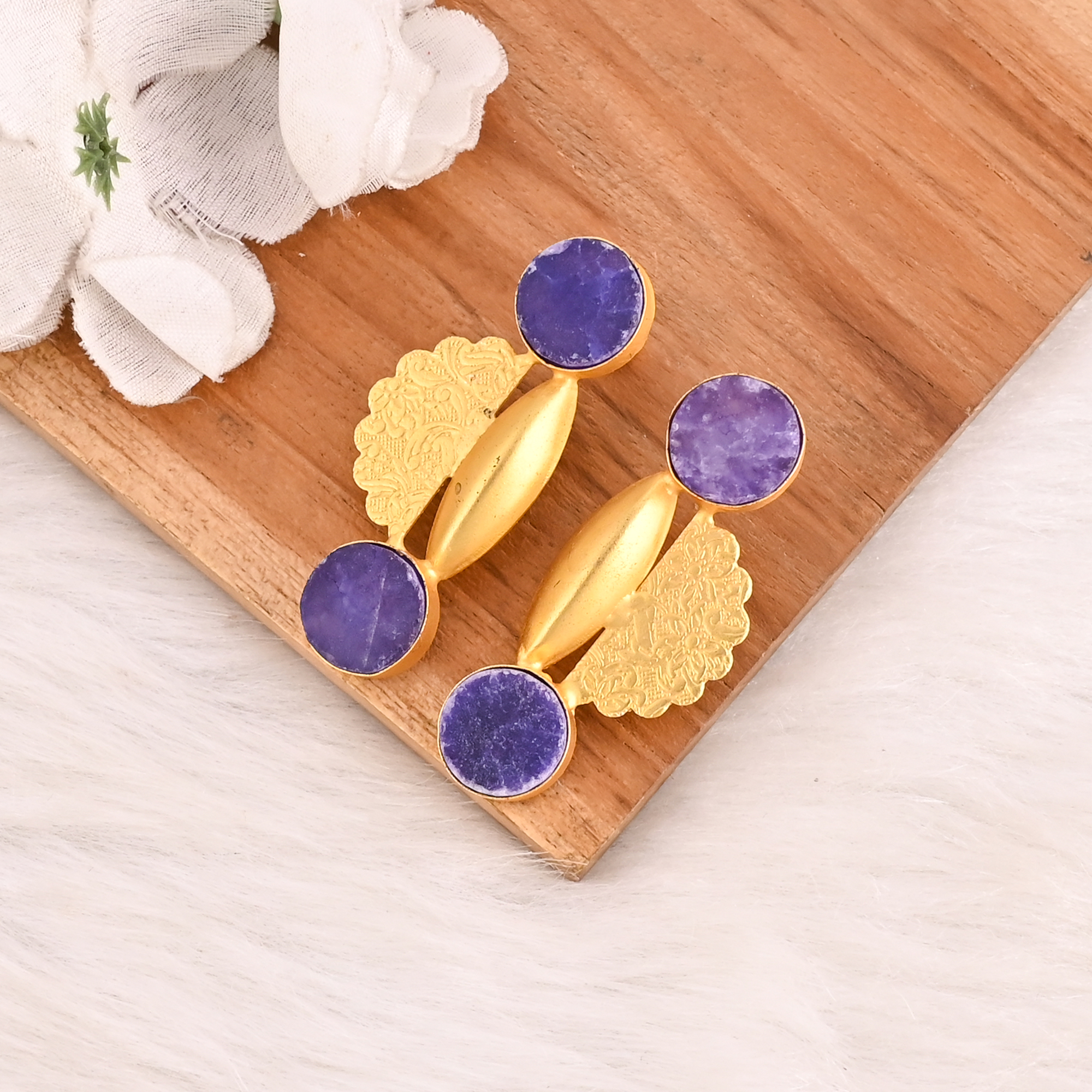 Natural Purple Druzy Gemstone Brass Earrings Gold Plated Handmade Jewelry Wholesale Lot 10 Pairs