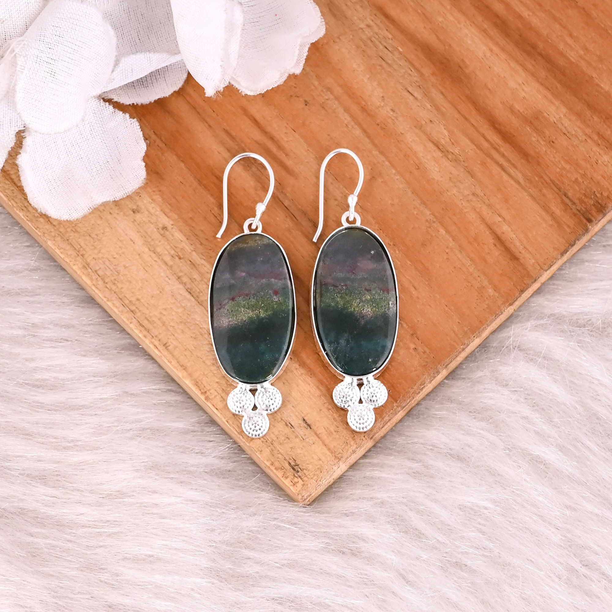 Blood Agate Long Oval Gemstone Silver Plated Brass Dangle Earring Handcrafted Jewelry
