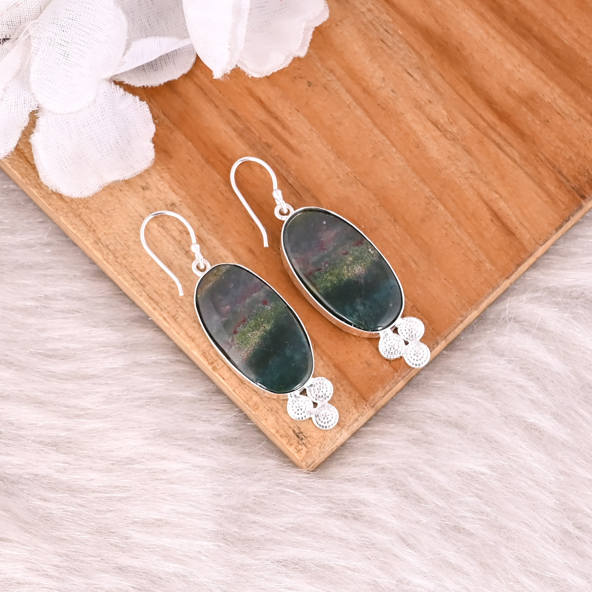 Blood Agate Long Oval Gemstone Silver Plated Brass Dangle Earring Handcrafted Jewelry