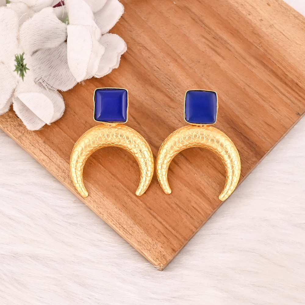 Image of Ink Blue Gemstone Half Moon Brass Earrings Gold Plated Handmade Jewelry for Women  Wholesale Lot 10 Pairs