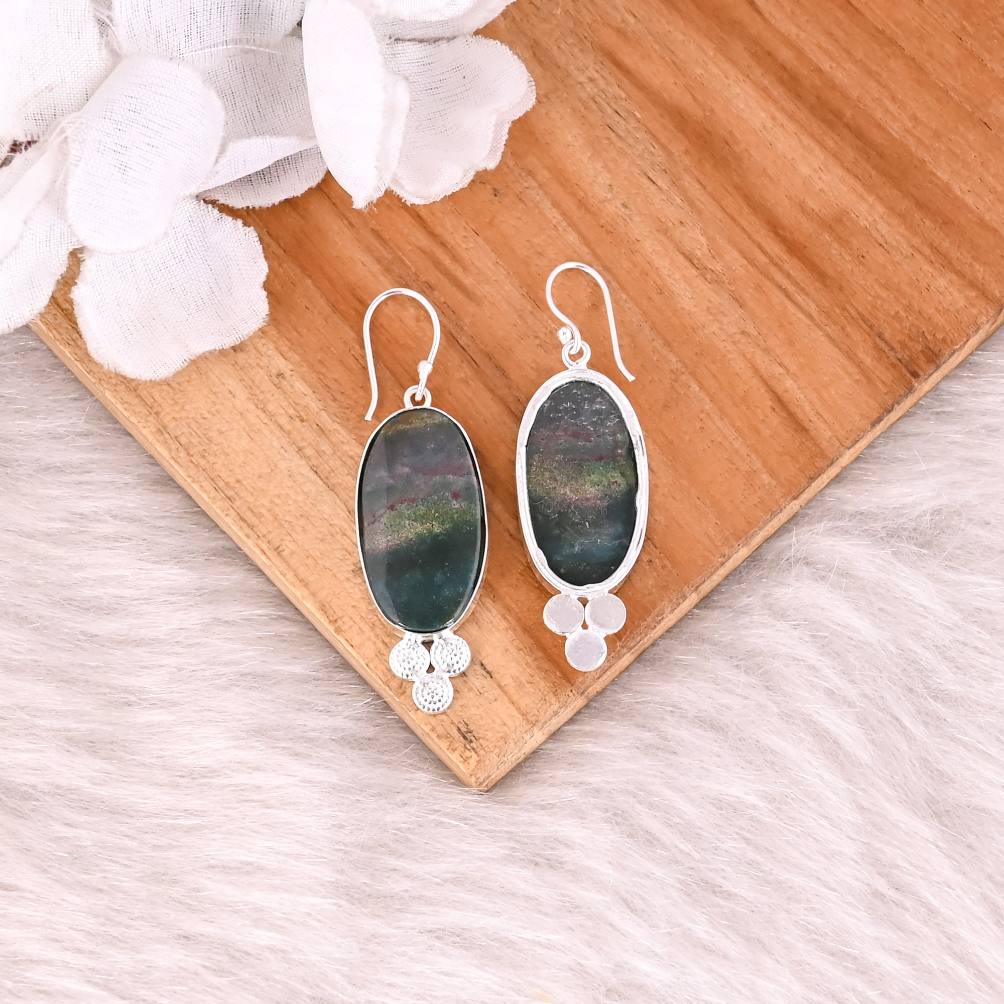 Blood Agate Long Oval Gemstone Silver Plated Brass Dangle Earring Handcrafted Jewelry