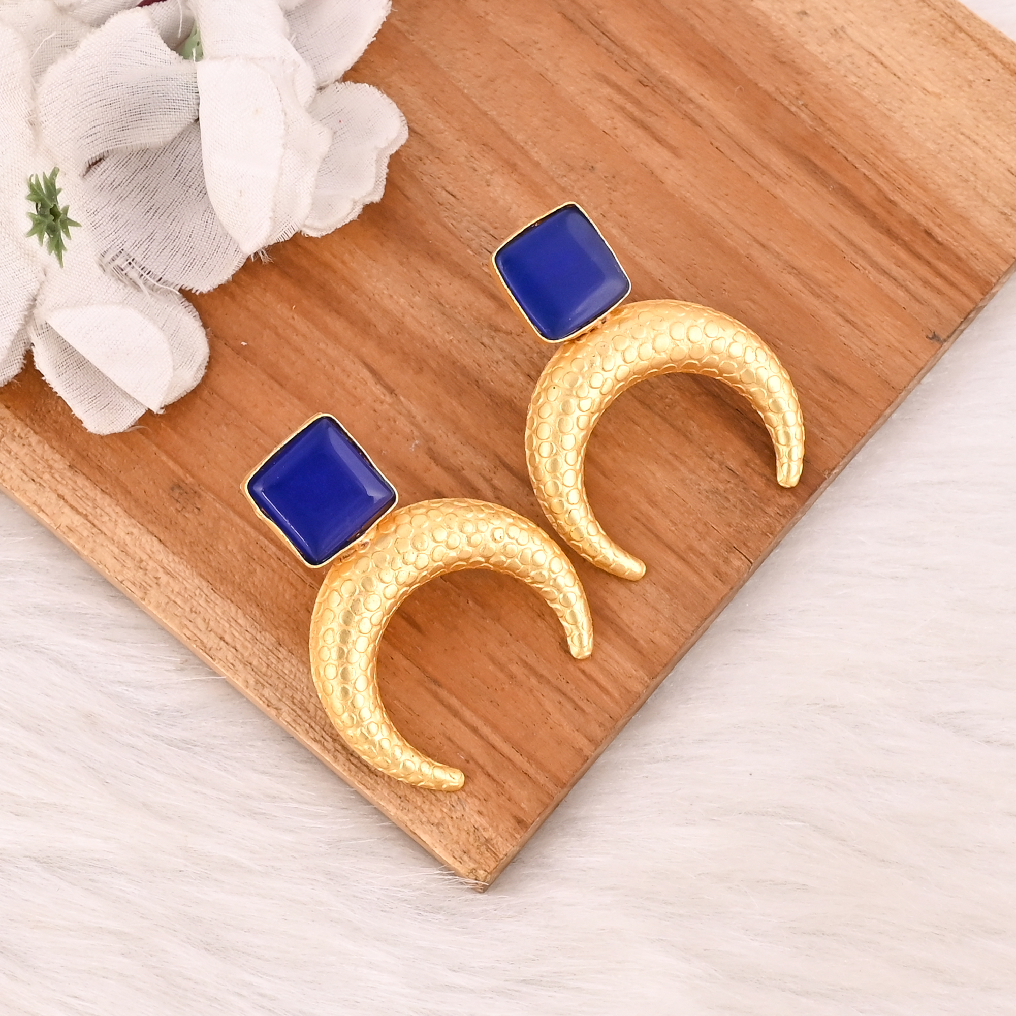 Ink Blue Gemstone Half Moon Brass Earrings Gold Plated Handmade Jewelry for Women  Wholesale Lot 10 Pairs