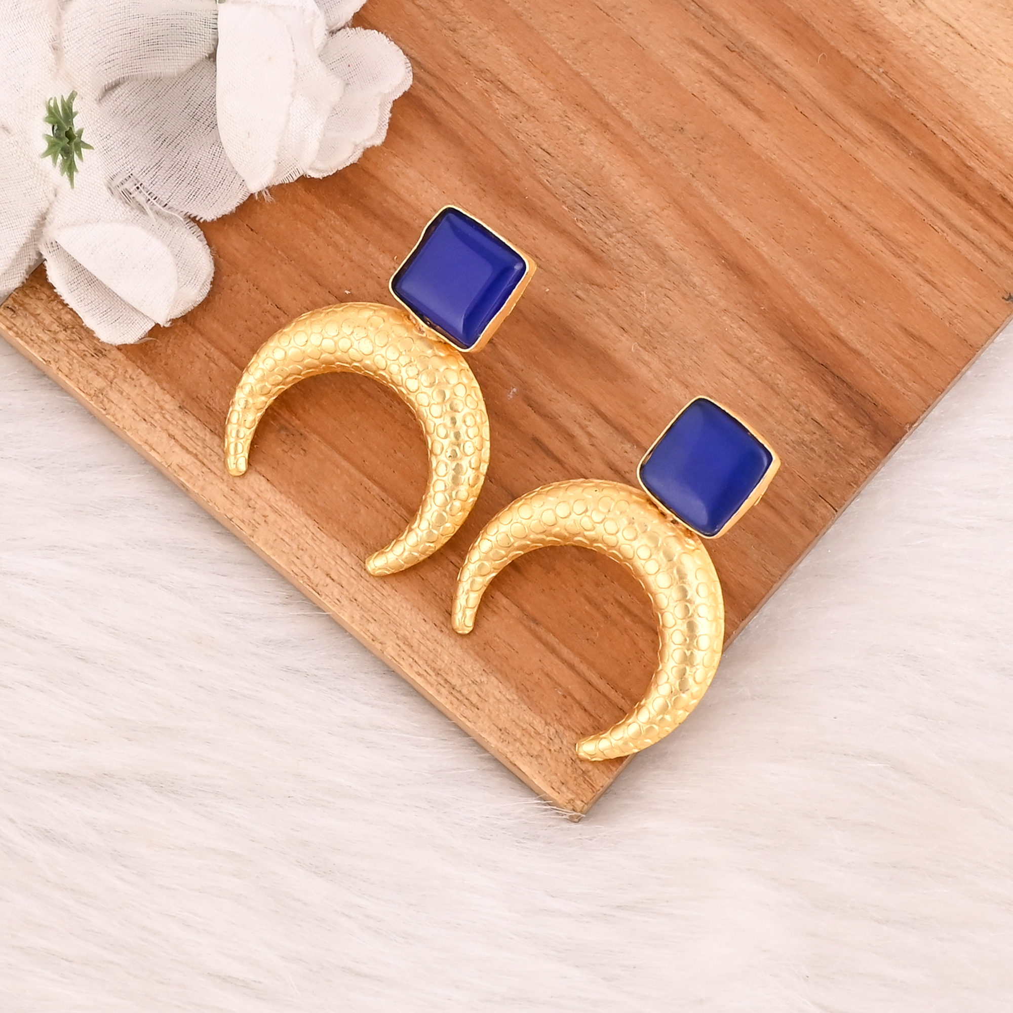 Ink Blue Gemstone Half Moon Brass Earrings Gold Plated Handmade Jewelry for Women  Wholesale Lot 10 Pairs