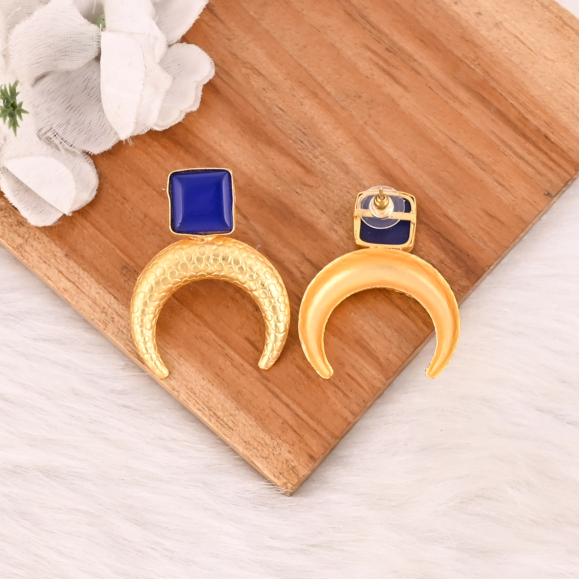 Ink Blue Gemstone Half Moon Brass Earrings Gold Plated Handmade Jewelry for Women  Wholesale Lot 10 Pairs