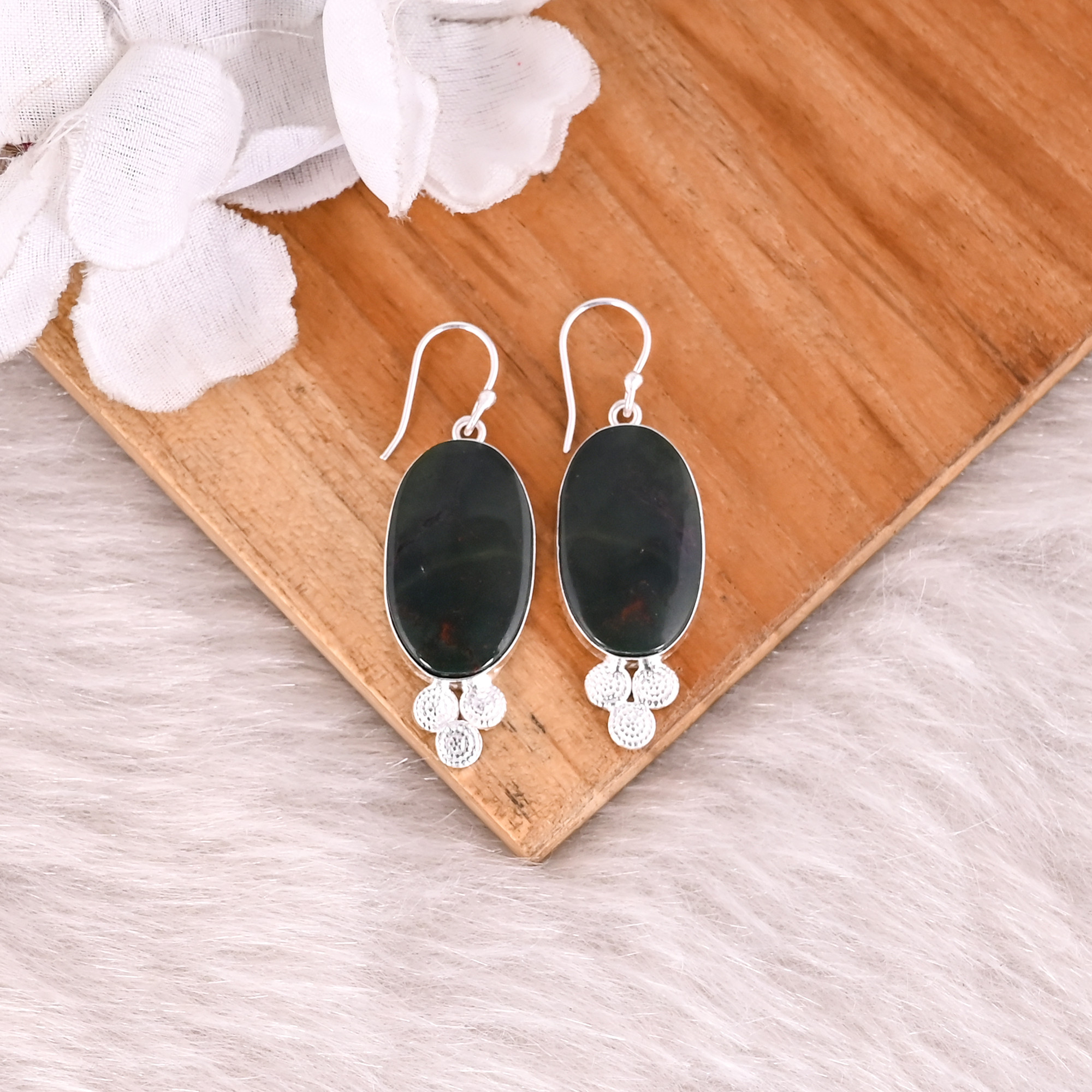 Blood Stone Oval Gemstone Brass Silver Plated Dangle Earring Fashion Earrings