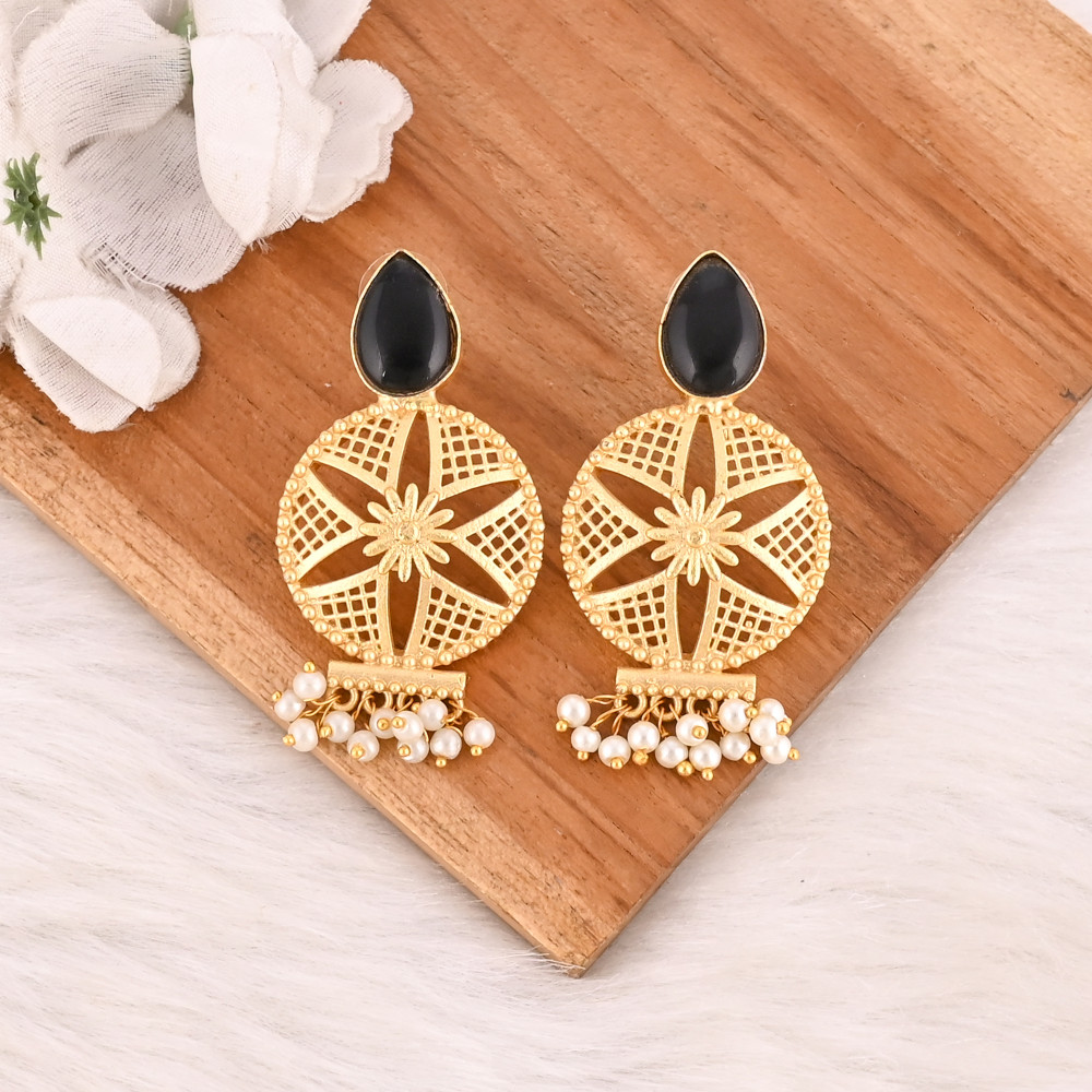 Image of Natural Black Onyx &amp; Pearl Brass Drop Earrings Designer Jewelry for Women Wholesale Lot 10 Pairs