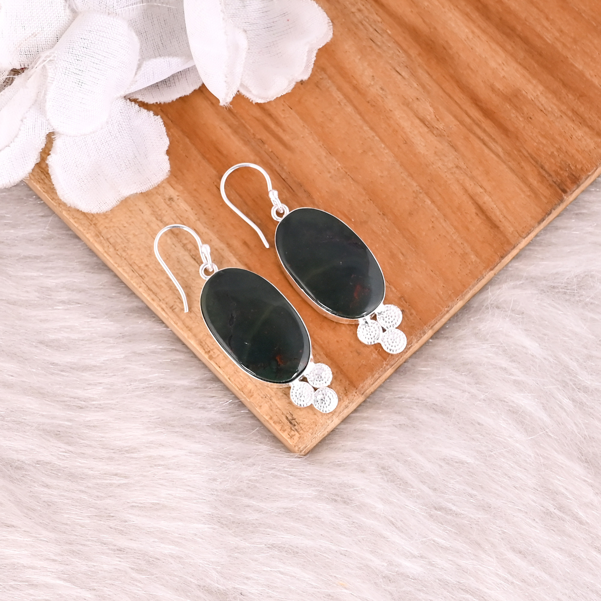 Blood Stone Oval Gemstone Brass Silver Plated Dangle Earring Fashion Earrings