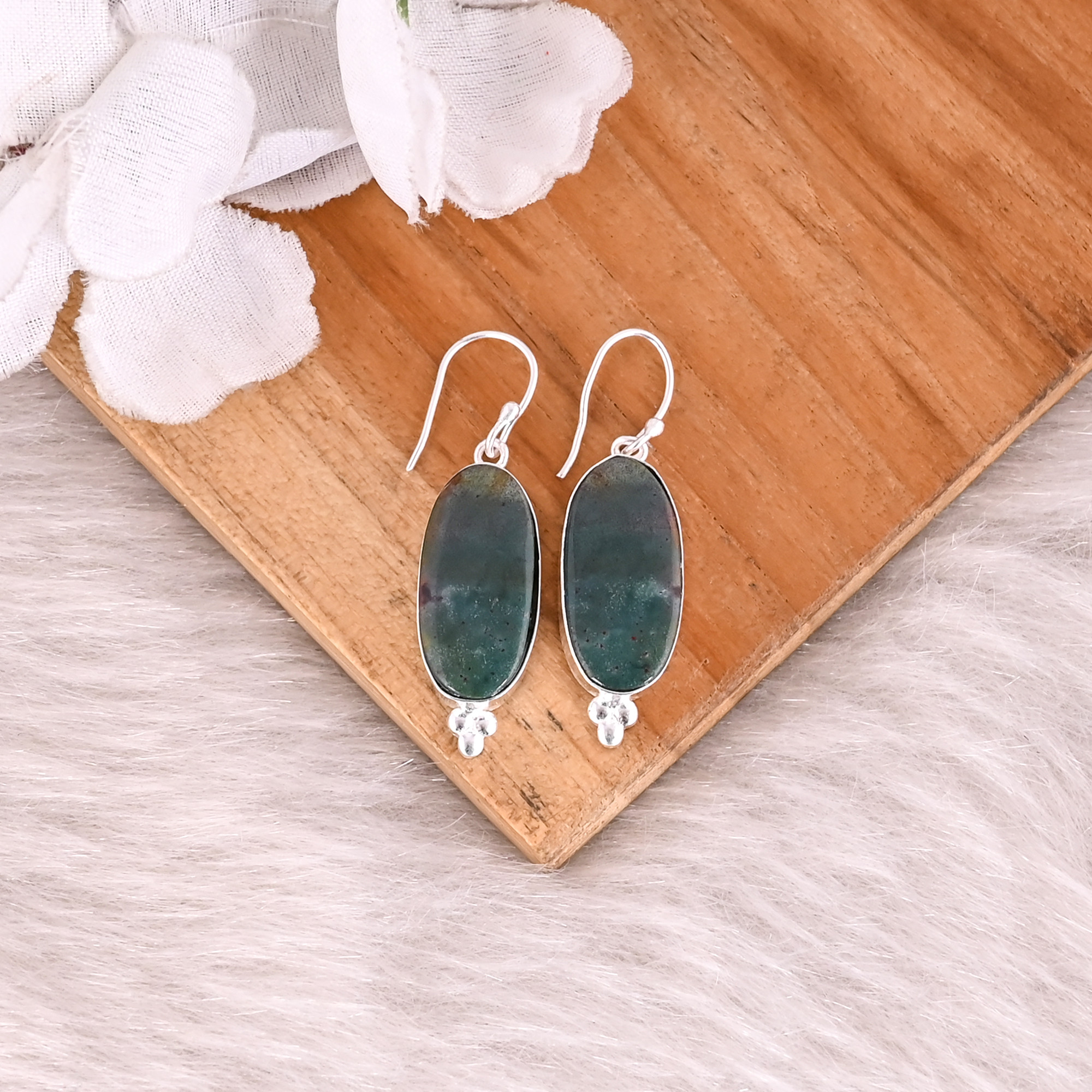 Blood Agate Long Oval Gemstone Black Ruthenium Brass Dangle Earring
