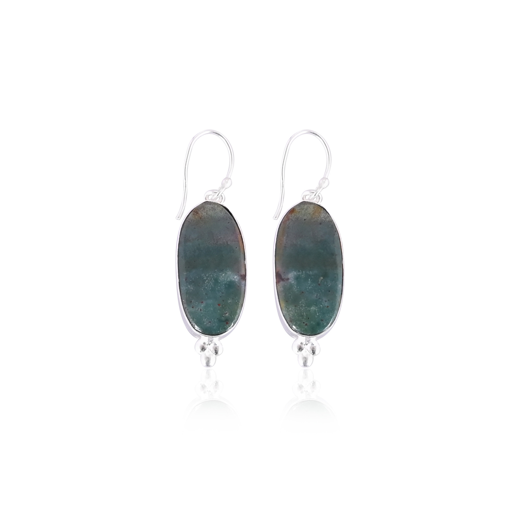 Blood Agate Long Oval Gemstone Black Ruthenium Brass Dangle Earring