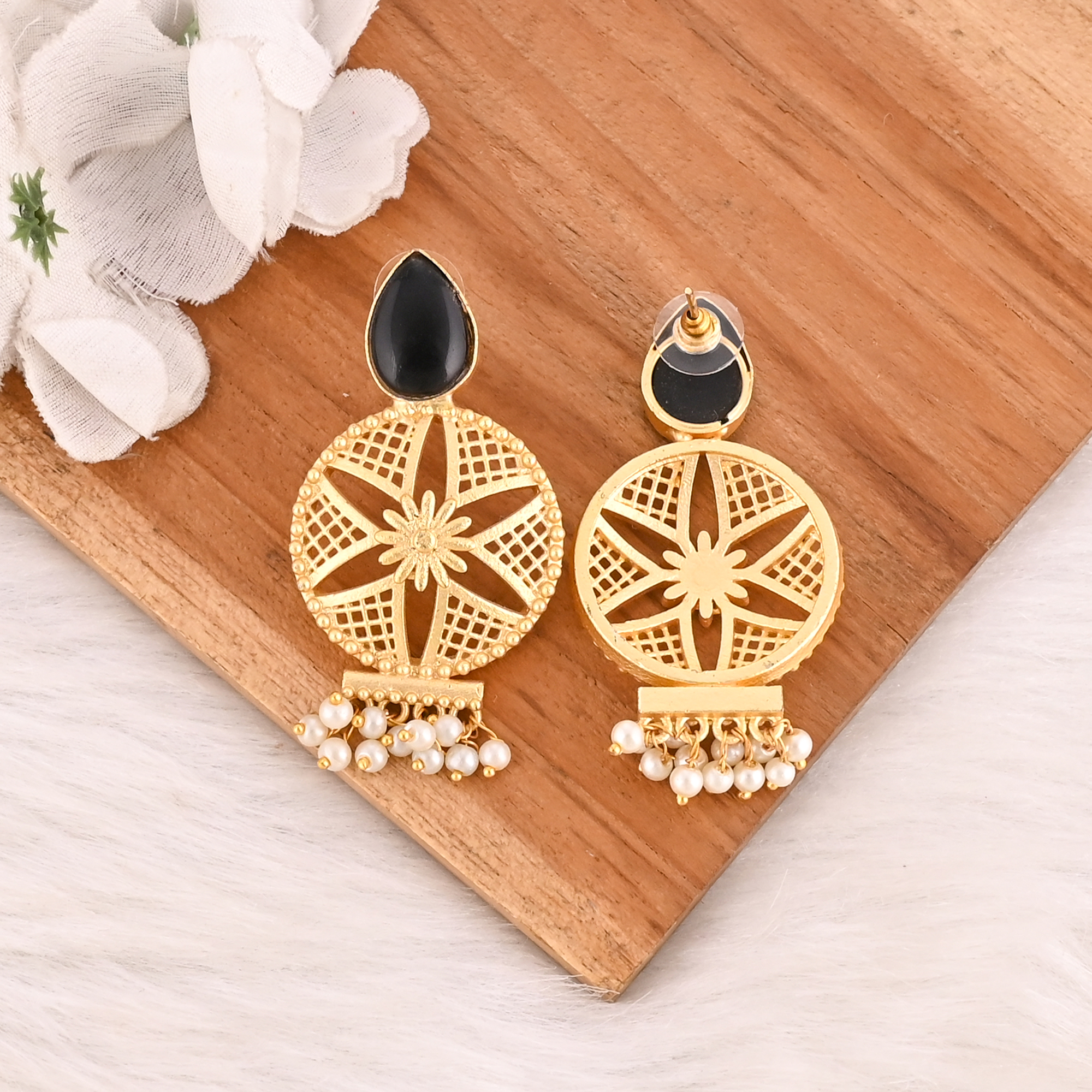 Natural Black Onyx  Pearl Brass Drop Earrings Designer Jewelry for Women Wholesale Lot 10 Pairs