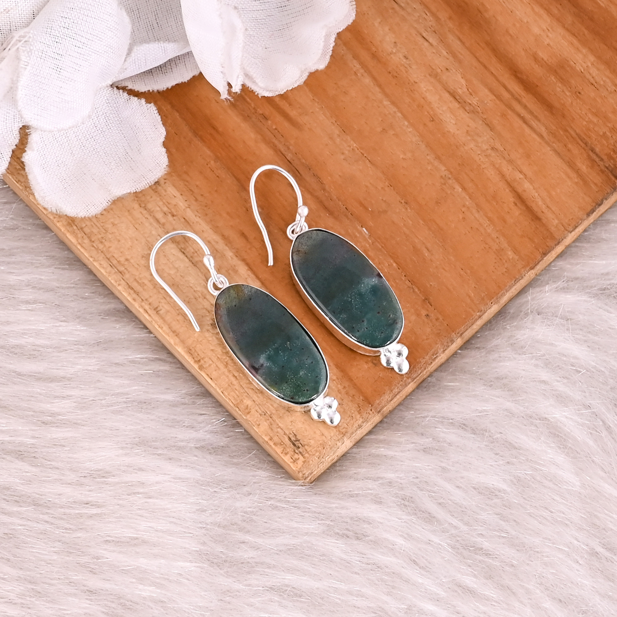 Blood Agate Long Oval Gemstone Black Ruthenium Brass Dangle Earring