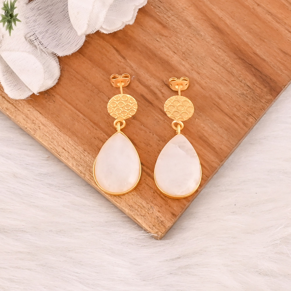Image of Natural White King Gemstone Brass Earrings Gold Plated Handmade Jewelry for Women  Wholesale Lot 10 Pairs
