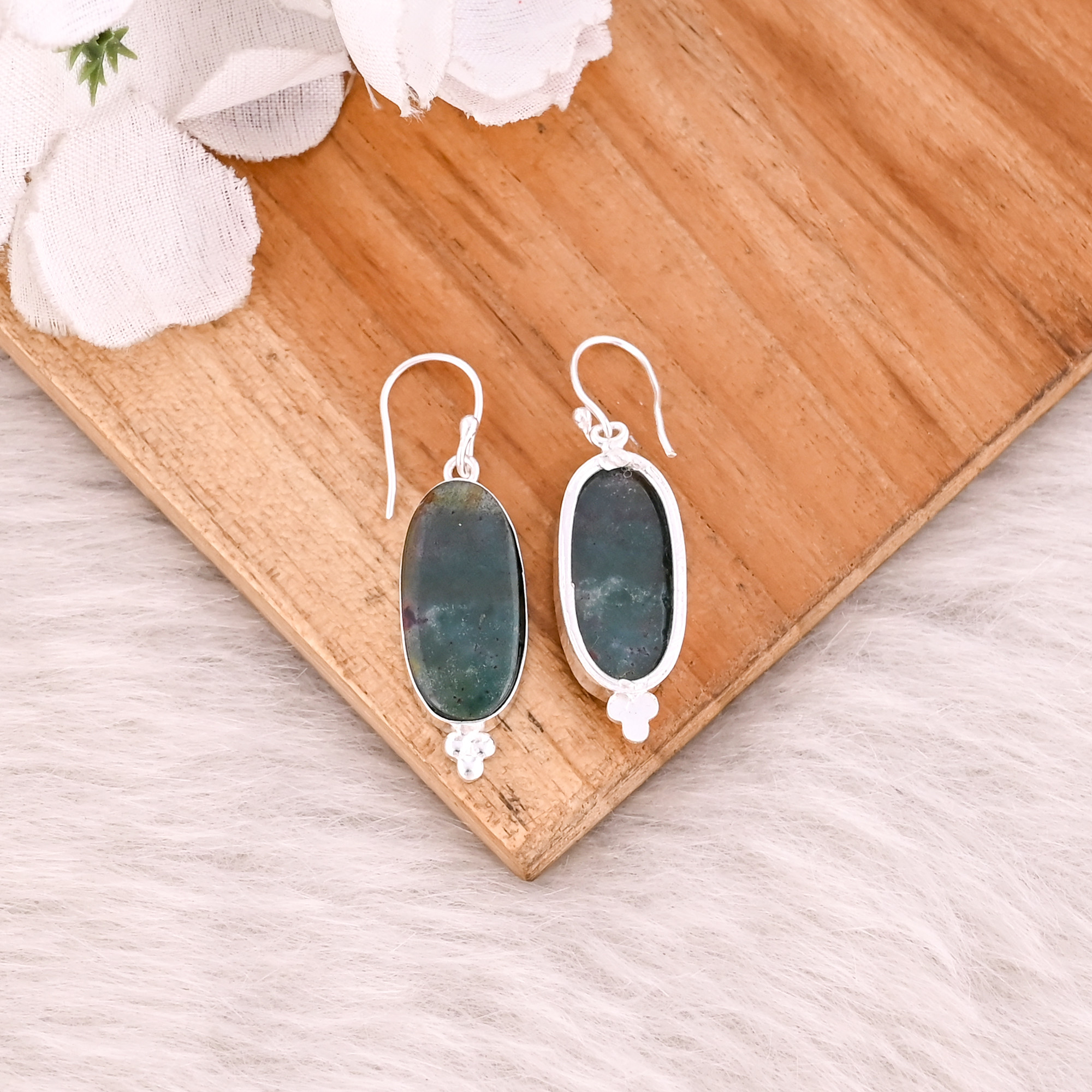Blood Agate Long Oval Gemstone Black Ruthenium Brass Dangle Earring