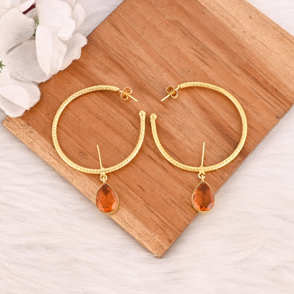 Image of Citrine Hydro Gemstone Hoop Earrings Handmade Gold Plated Brass Jewelry for Women Wholesale Lot 10 Pairs