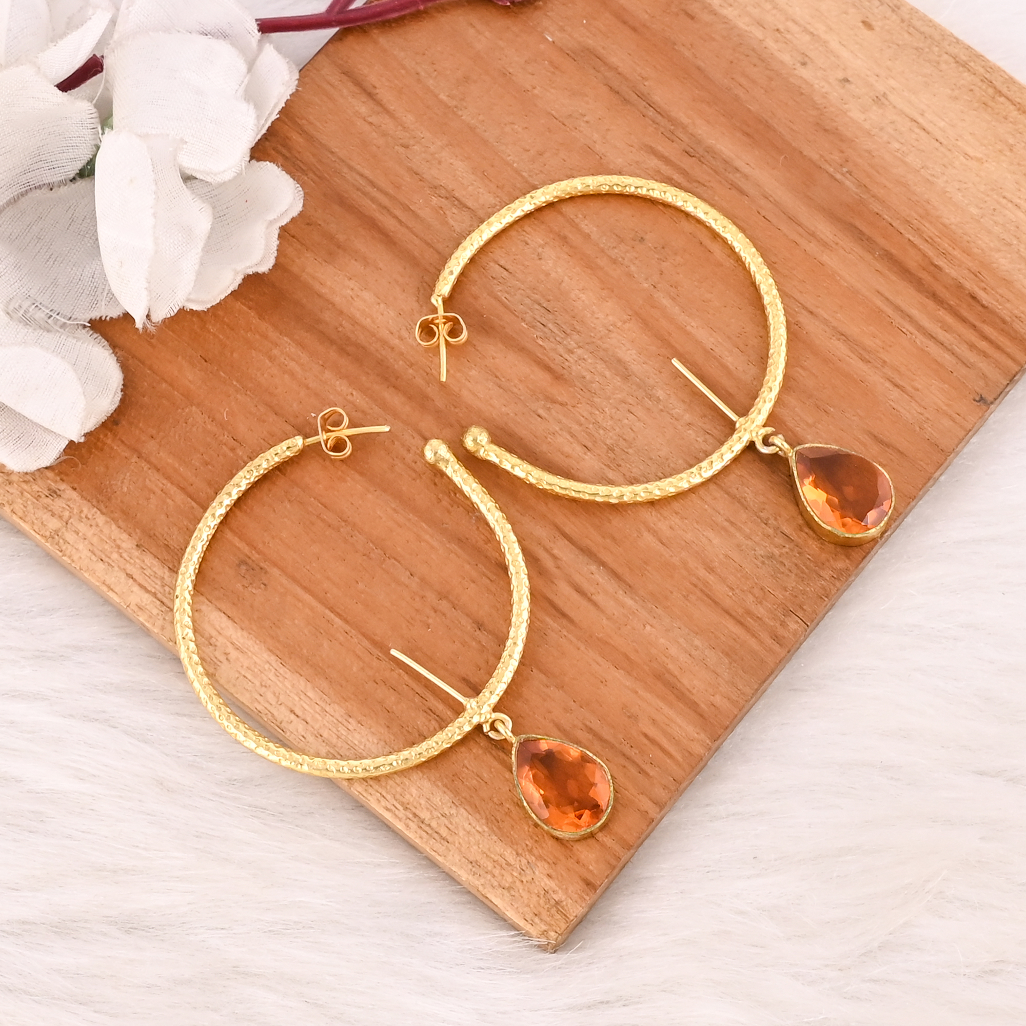 Citrine Hydro Gemstone Hoop Earrings Handmade Gold Plated Brass Jewelry for Women Wholesale Lot 10 Pairs