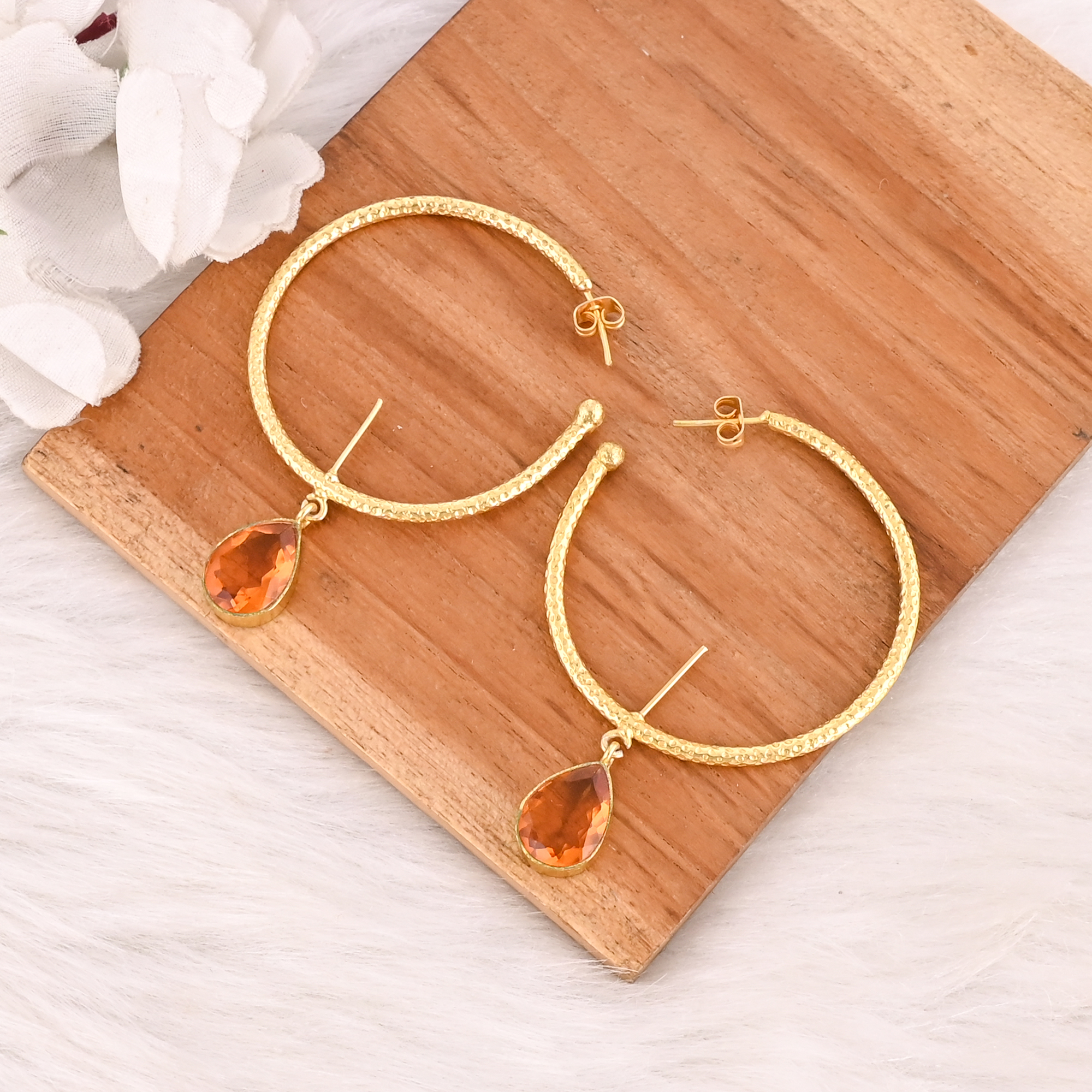 Citrine Hydro Gemstone Hoop Earrings Handmade Gold Plated Brass Jewelry for Women Wholesale Lot 10 Pairs