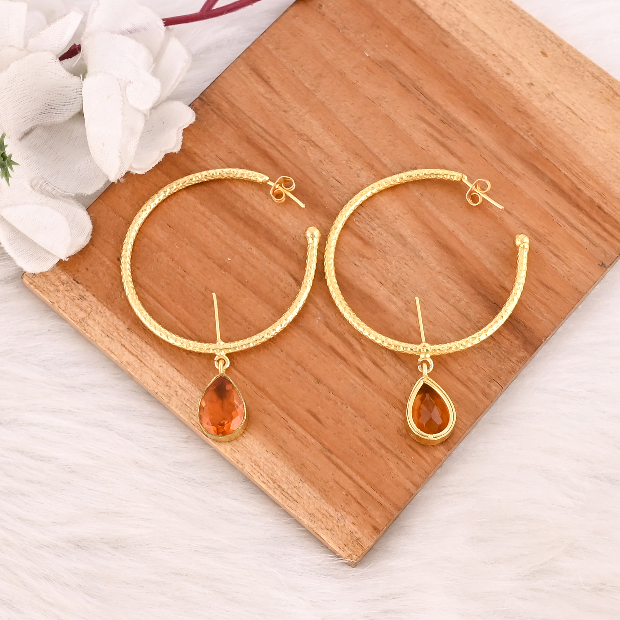 Citrine Hydro Gemstone Hoop Earrings Handmade Gold Plated Brass Jewelry for Women Wholesale Lot 10 Pairs
