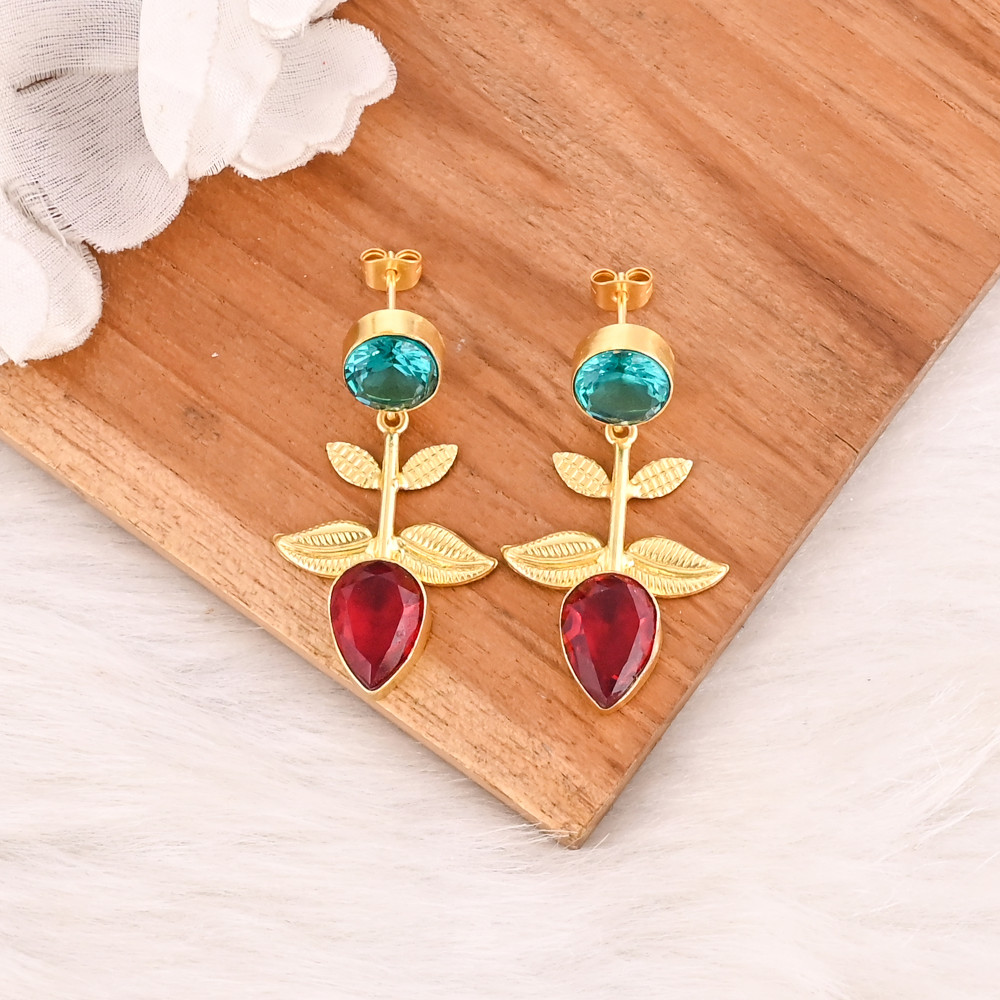 Image of Apatite Hydro &amp; Red Hydro Gemstone Brass Earrings Gold Plated Handmade Jewelry for Women Wholesale Lot 10 Pairs