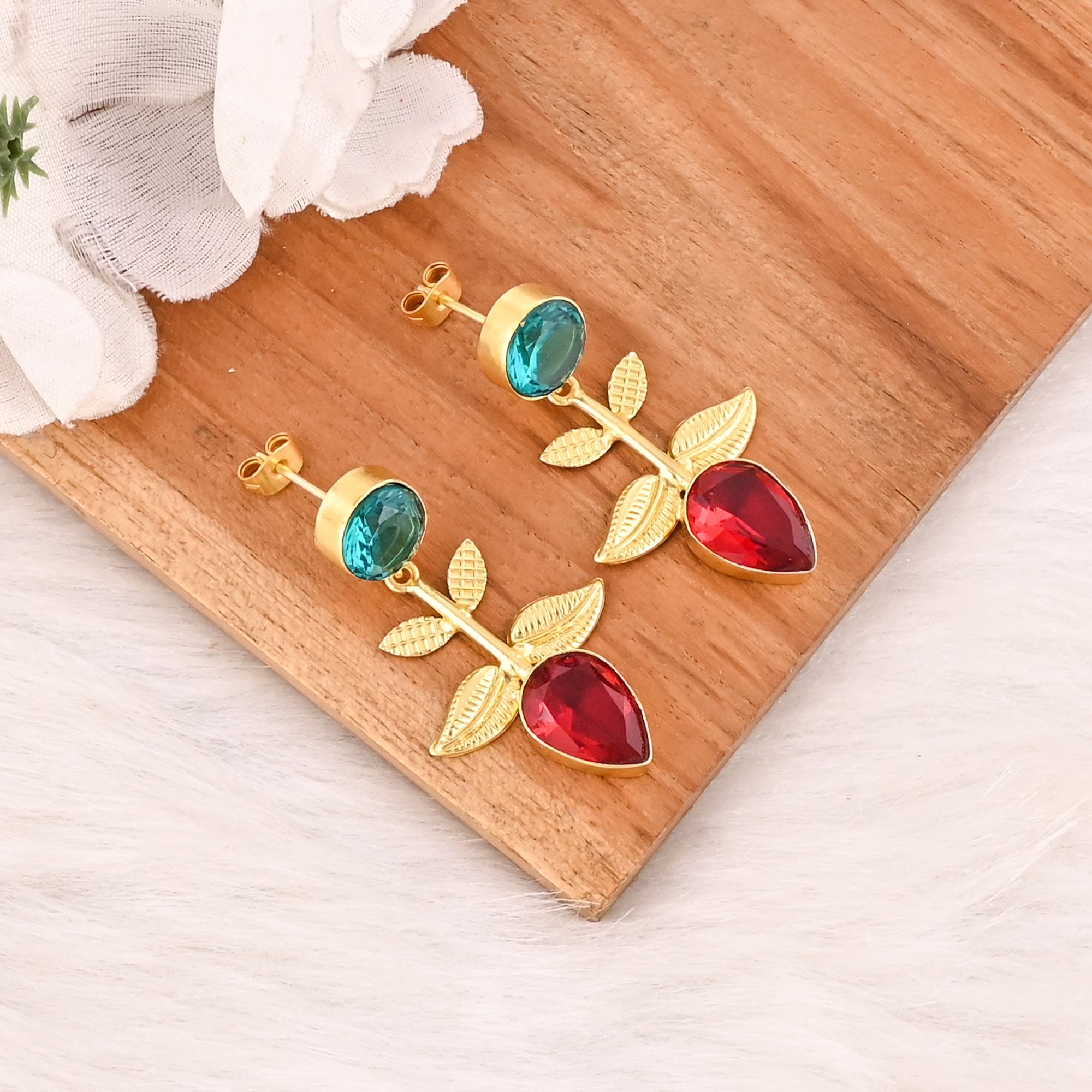 Apatite Hydro  Red Hydro Gemstone Brass Earrings Gold Plated Handmade Jewelry for Women Wholesale Lot 10 Pairs