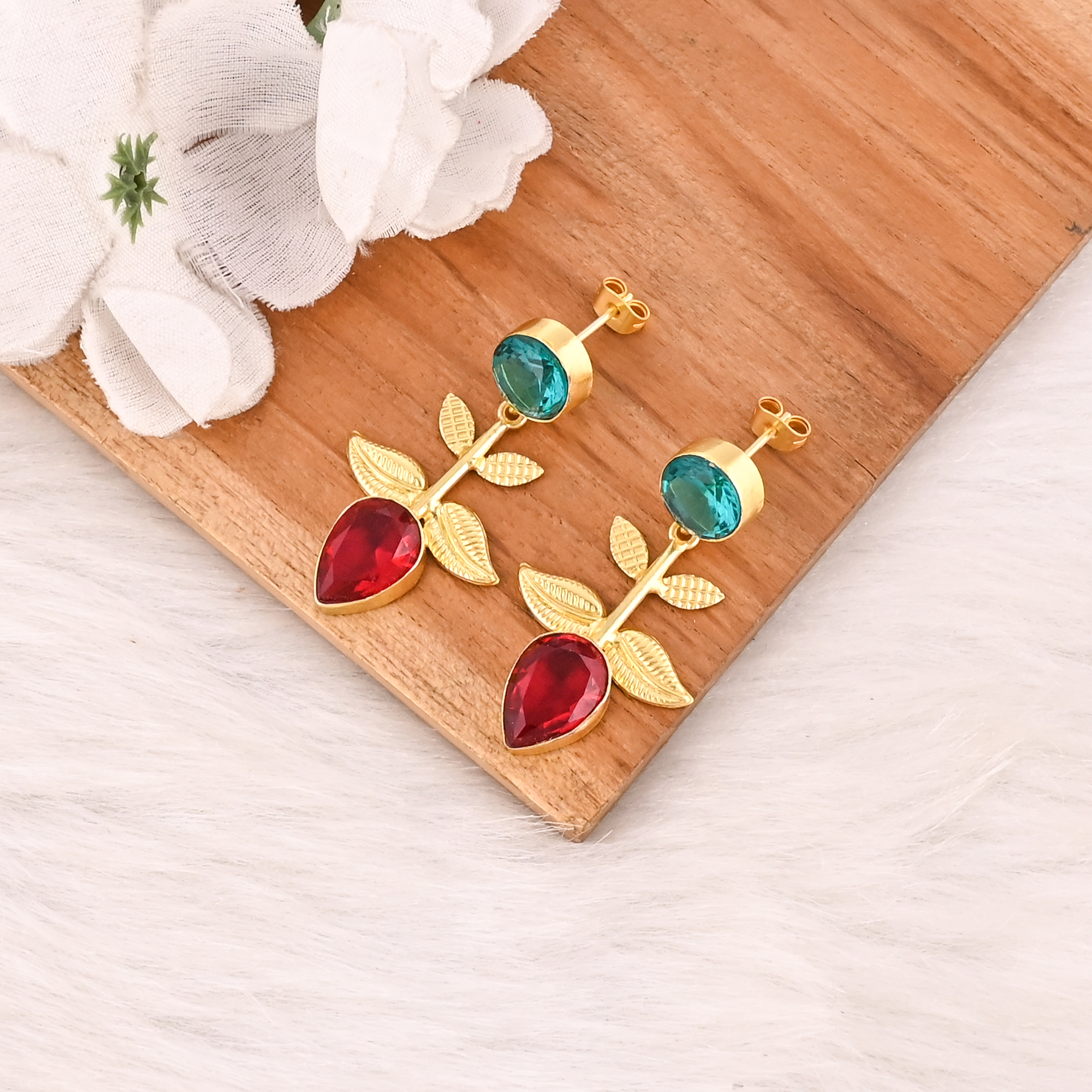 Apatite Hydro  Red Hydro Gemstone Brass Earrings Gold Plated Handmade Jewelry for Women Wholesale Lot 10 Pairs