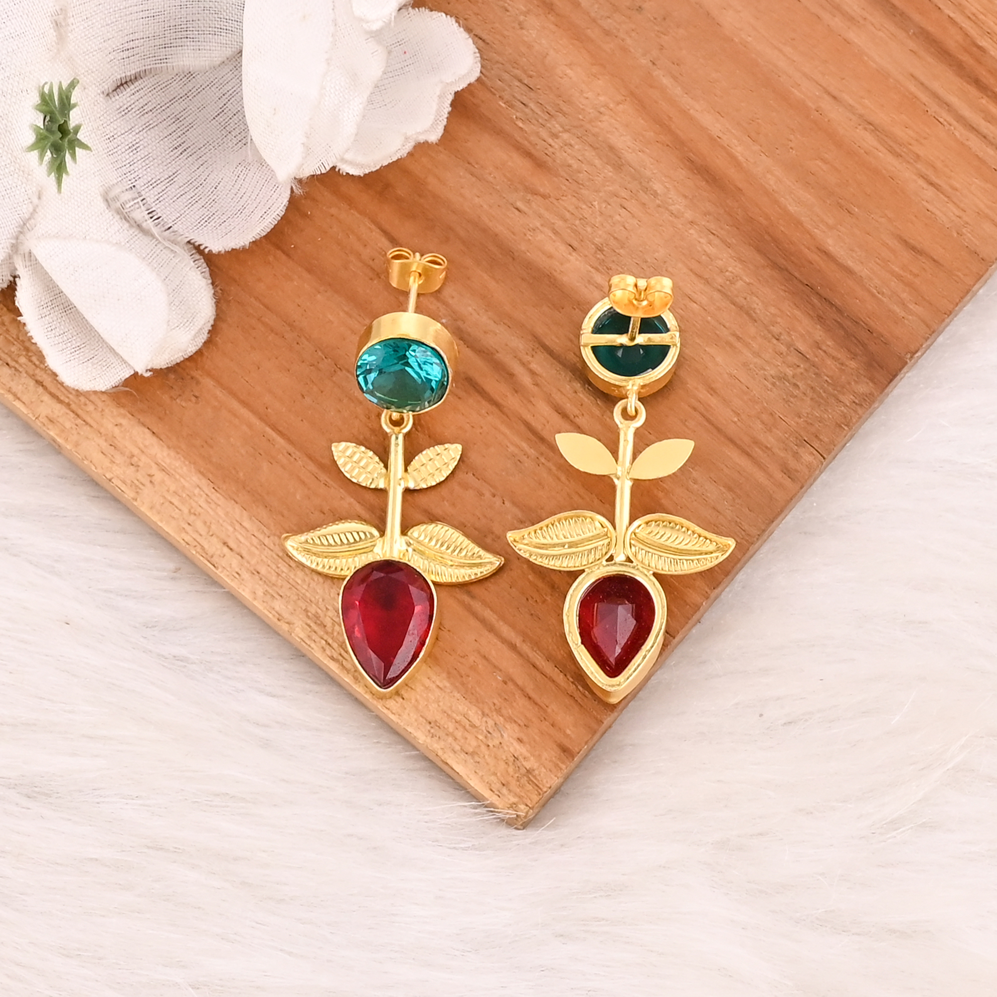 Apatite Hydro  Red Hydro Gemstone Brass Earrings Gold Plated Handmade Jewelry for Women Wholesale Lot 10 Pairs