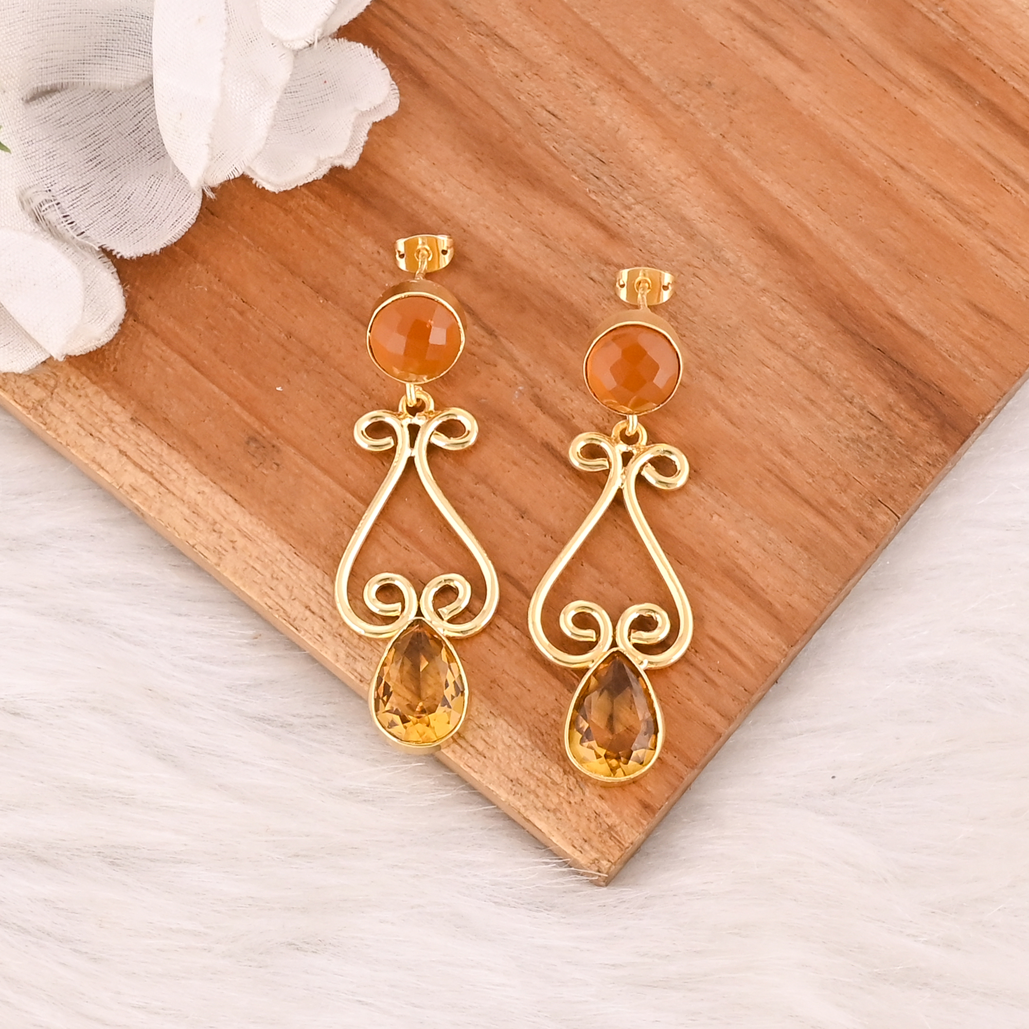Citrine Hydro Gemstone Gold Plated Brass Drop Earrings Trendy Handmade Fashion Jewelry for Women Wholesale Lot 10 Pairs
