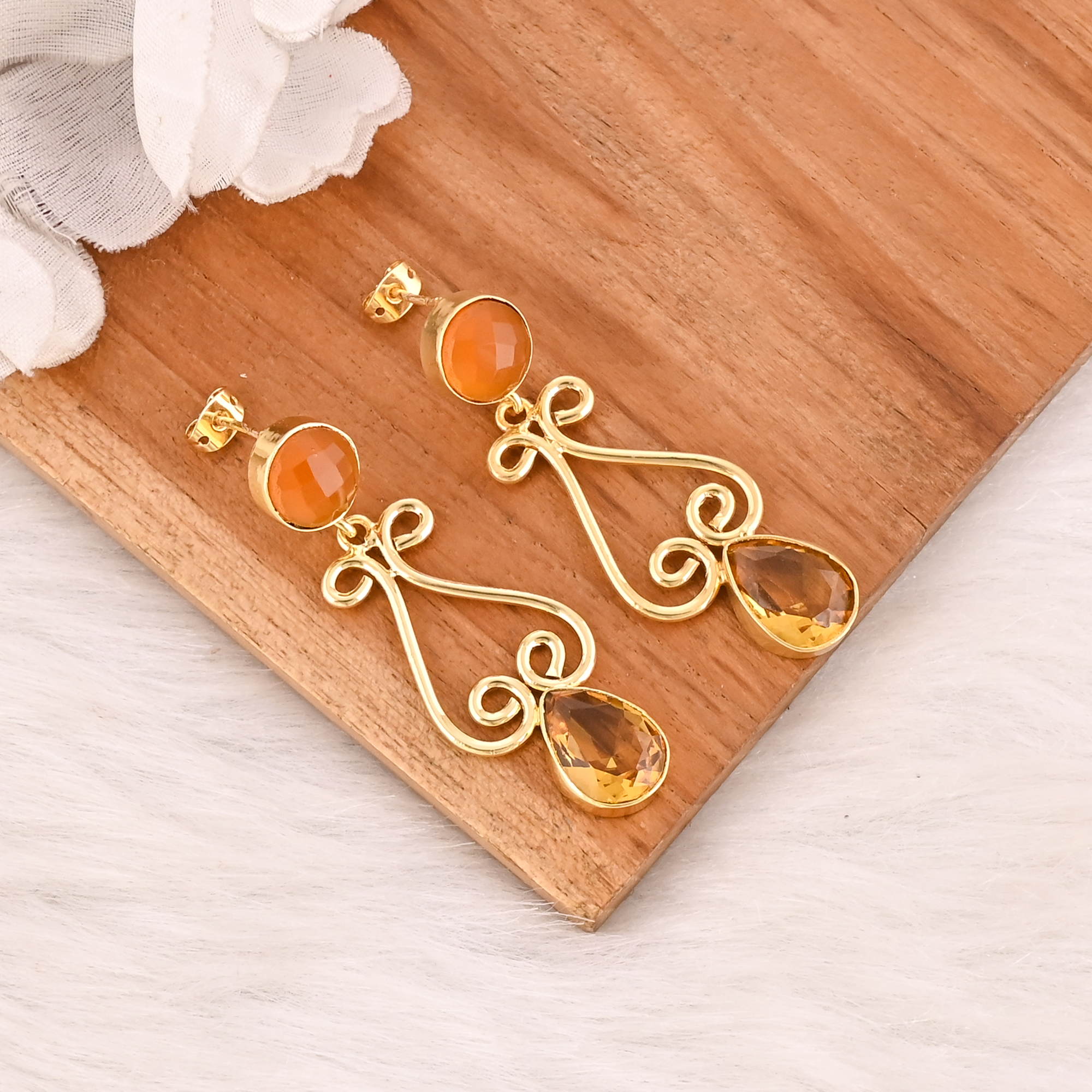 Citrine Hydro Gemstone Gold Plated Brass Drop Earrings Trendy Handmade Fashion Jewelry for Women Wholesale Lot 10 Pairs