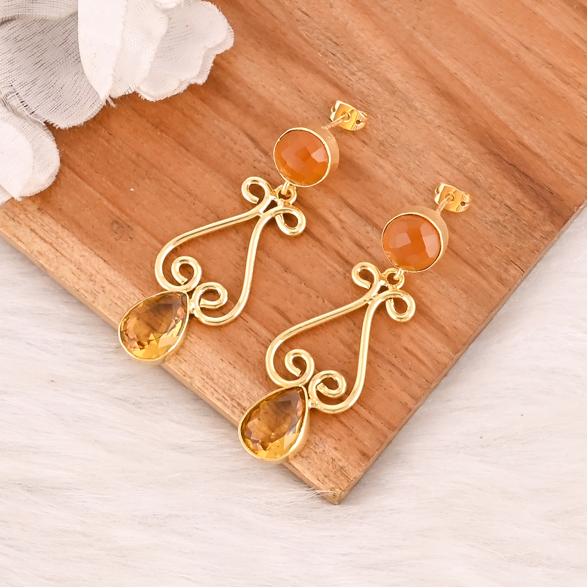 Citrine Hydro Gemstone Gold Plated Brass Drop Earrings Trendy Handmade Fashion Jewelry for Women Wholesale Lot 10 Pairs